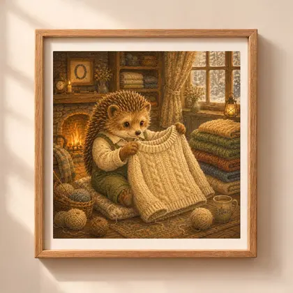 Vintage storybook style square illustration of a hedgehog holding an oversized knitted sweater by a cozy fireplace inside a wooden frame hanging on a wall.