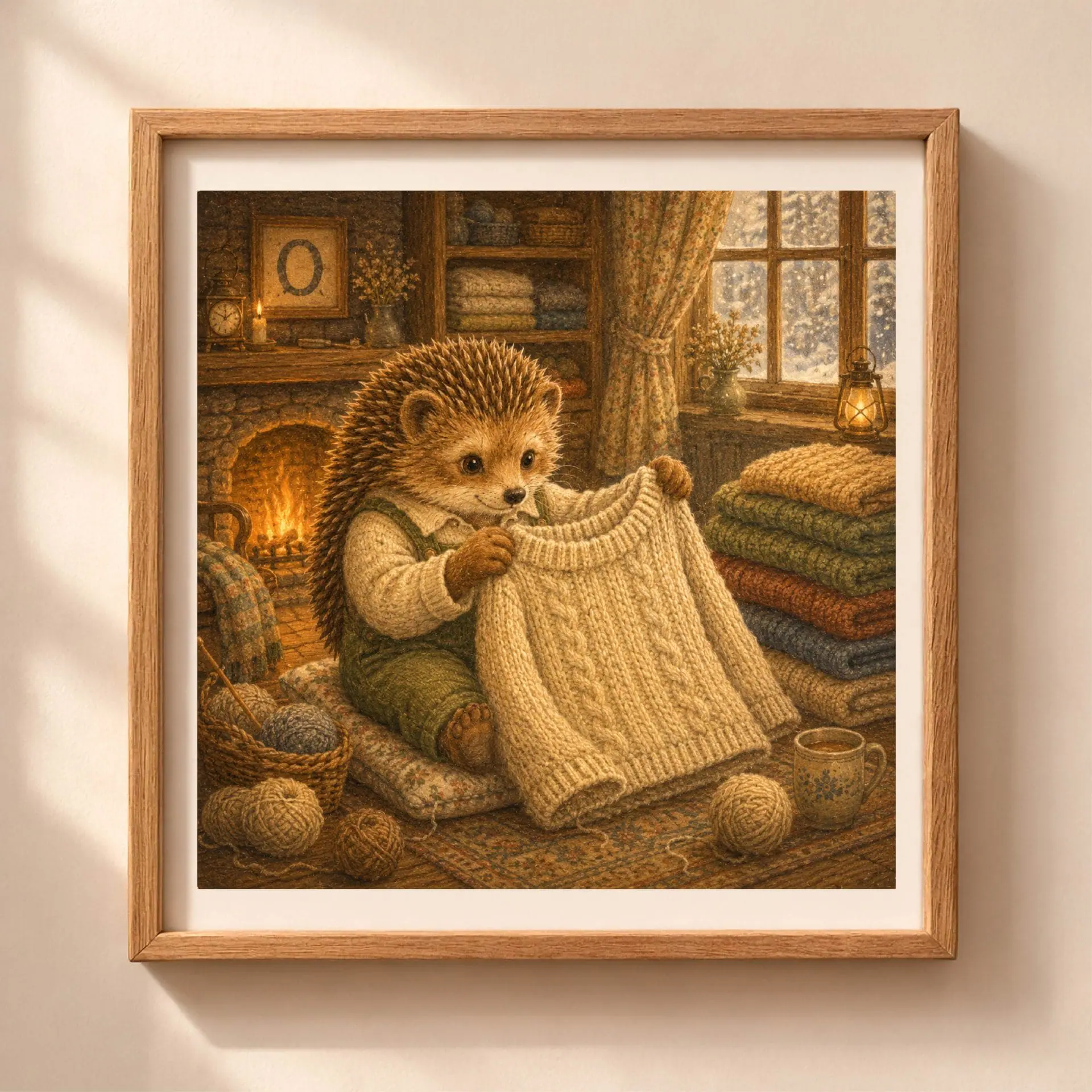 Nursery Monogram O Printable Art Hedgehog Baby Shower Decor Gift 1 Vintage storybook style square illustration of a hedgehog holding an oversized knitted sweater by a cozy fireplace inside a wooden frame hanging on a wall.
