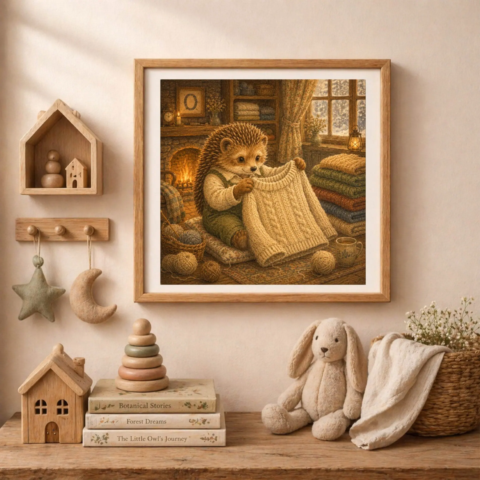 Nursery Monogram O Printable Art Hedgehog Baby Shower Decor Gift 4 Square wooden frame with the hedgehog initial art surrounded by wooden house shelves, hanging cloth moon and star toys, and a stack of children's books.