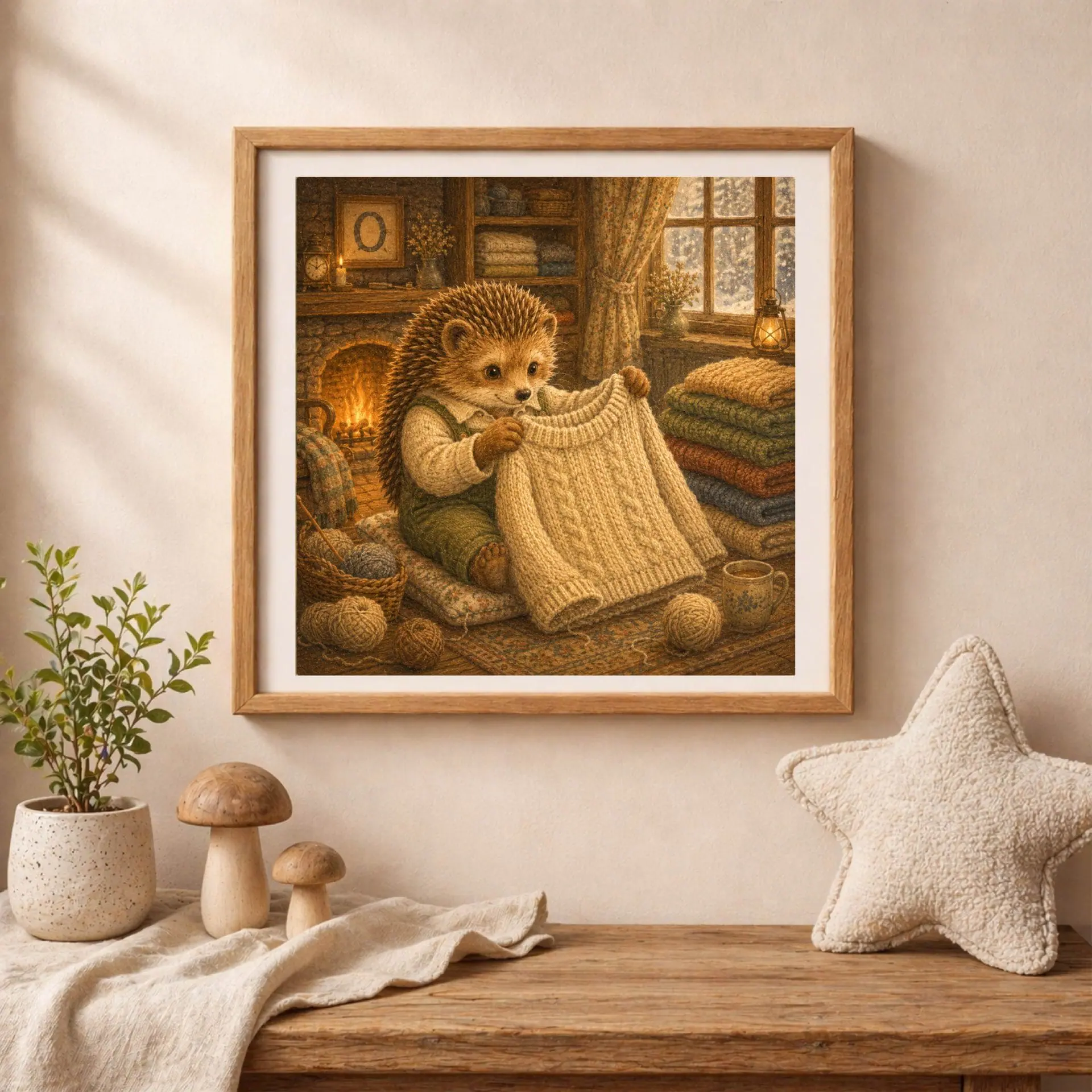 Nursery Monogram O Printable Art Hedgehog Baby Shower Decor Gift 5 Framed square art of a hedgehog with a cable-knit sweater resting on a table beside a potted plant, ceramic mushrooms, and a plush star pillow.
