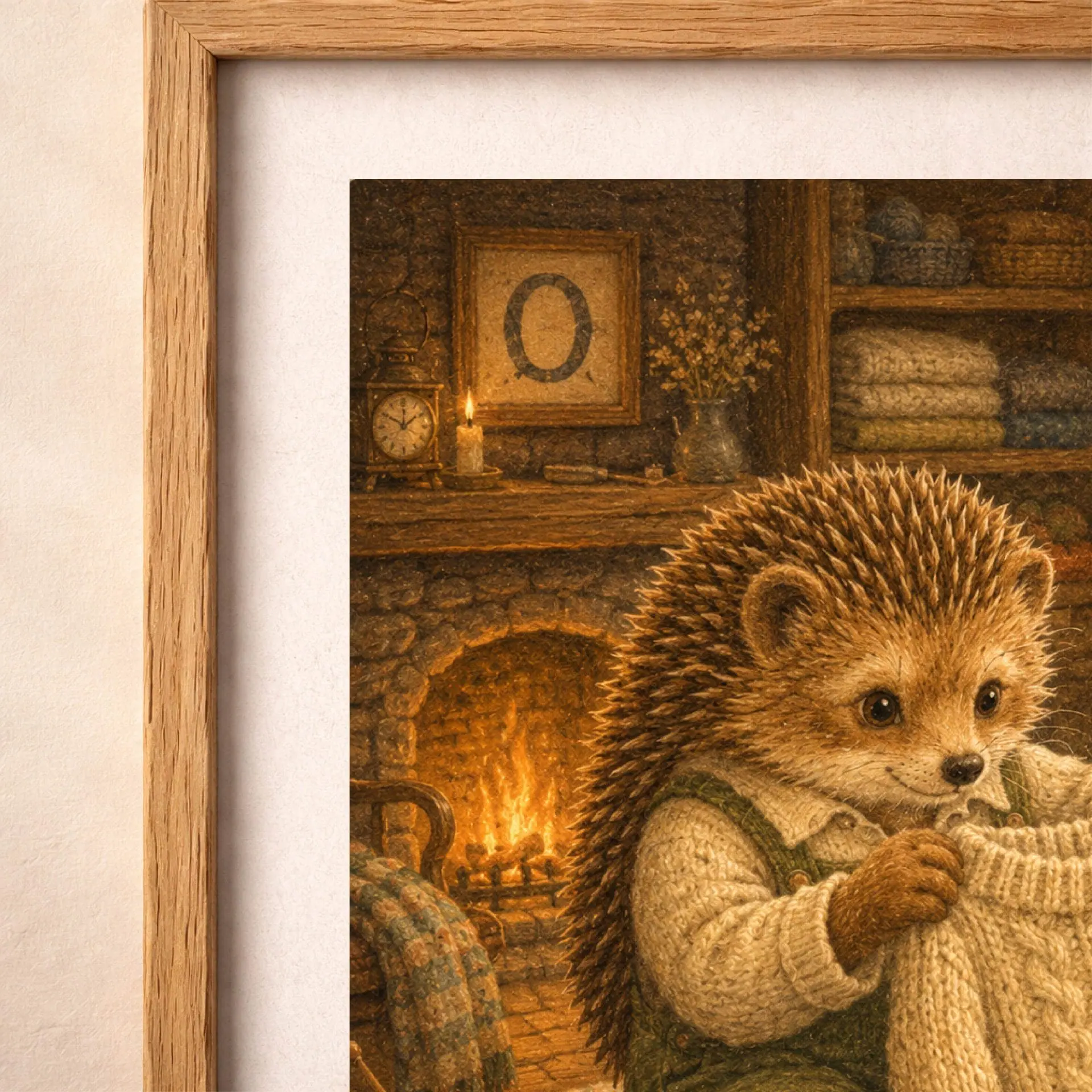 Nursery Monogram O Printable Art Hedgehog Baby Shower Decor Gift 7 Close-up macro view focusing on the framed letter O above the fireplace, hedgehog quills, sweater stitch details, and fine paper grain.