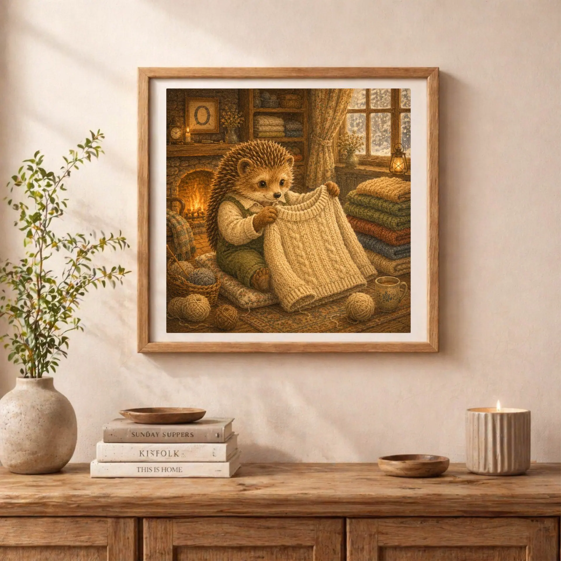Nursery Monogram O Printable Art Hedgehog Baby Shower Decor Gift 3 Framed storybook hedgehog illustration standing on a wooden sideboard next to books, a green branch in a ceramic vase, and a burning candle.