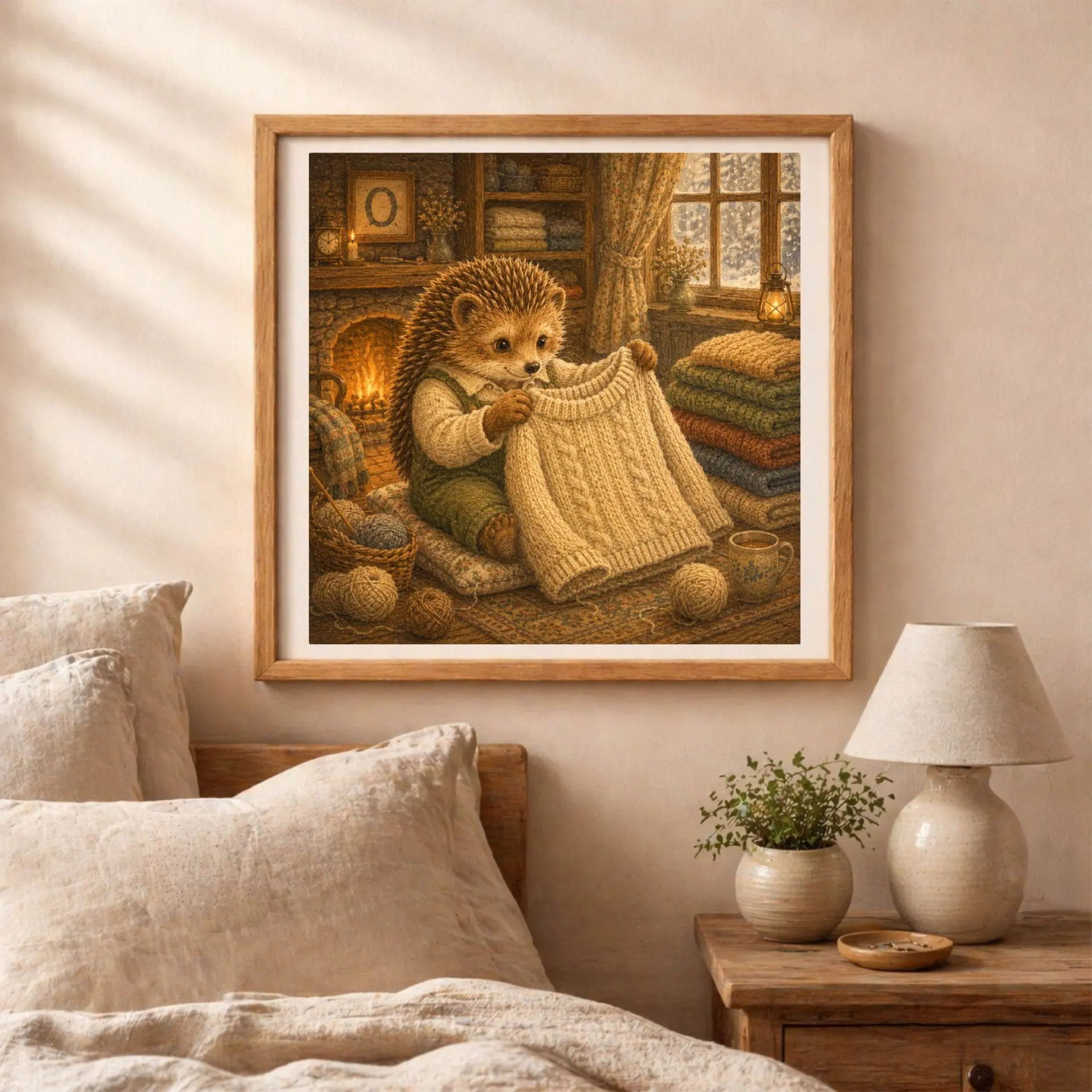 Nursery Monogram O Printable Art Hedgehog Baby Shower Decor Gift 6 Framed hedgehog initial artwork hanging on a textured bedroom wall above a wooden nightstand with a ceramic lamp, green plant, and soft linen sheets.