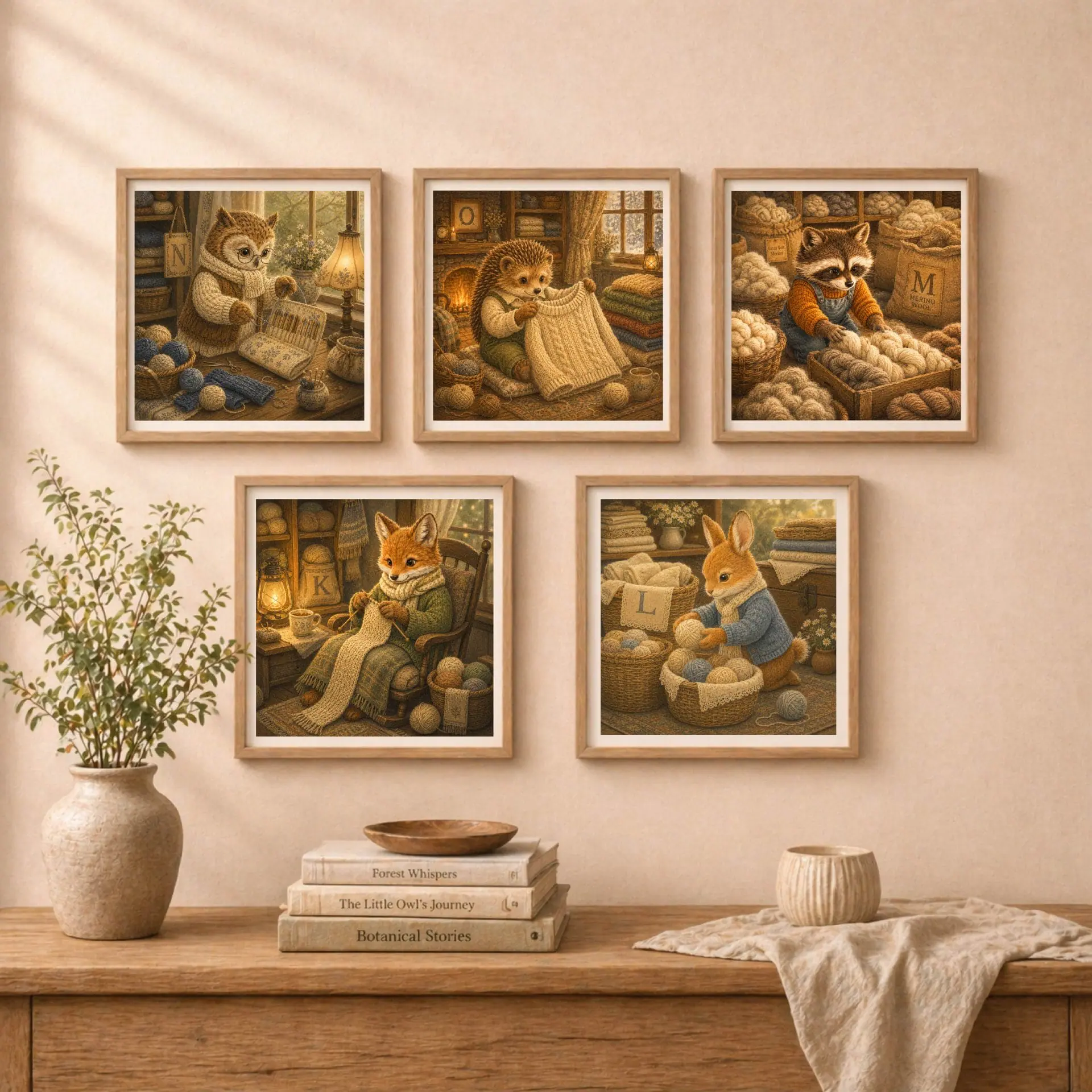 Nursery Monogram O Printable Art Hedgehog Baby Shower Decor Gift 9 A wall gallery arrangement of five framed animal prints featuring an owl with letter N, hedgehog with letter O, raccoon with letter M, fox with letter K, and bunny with letter L.