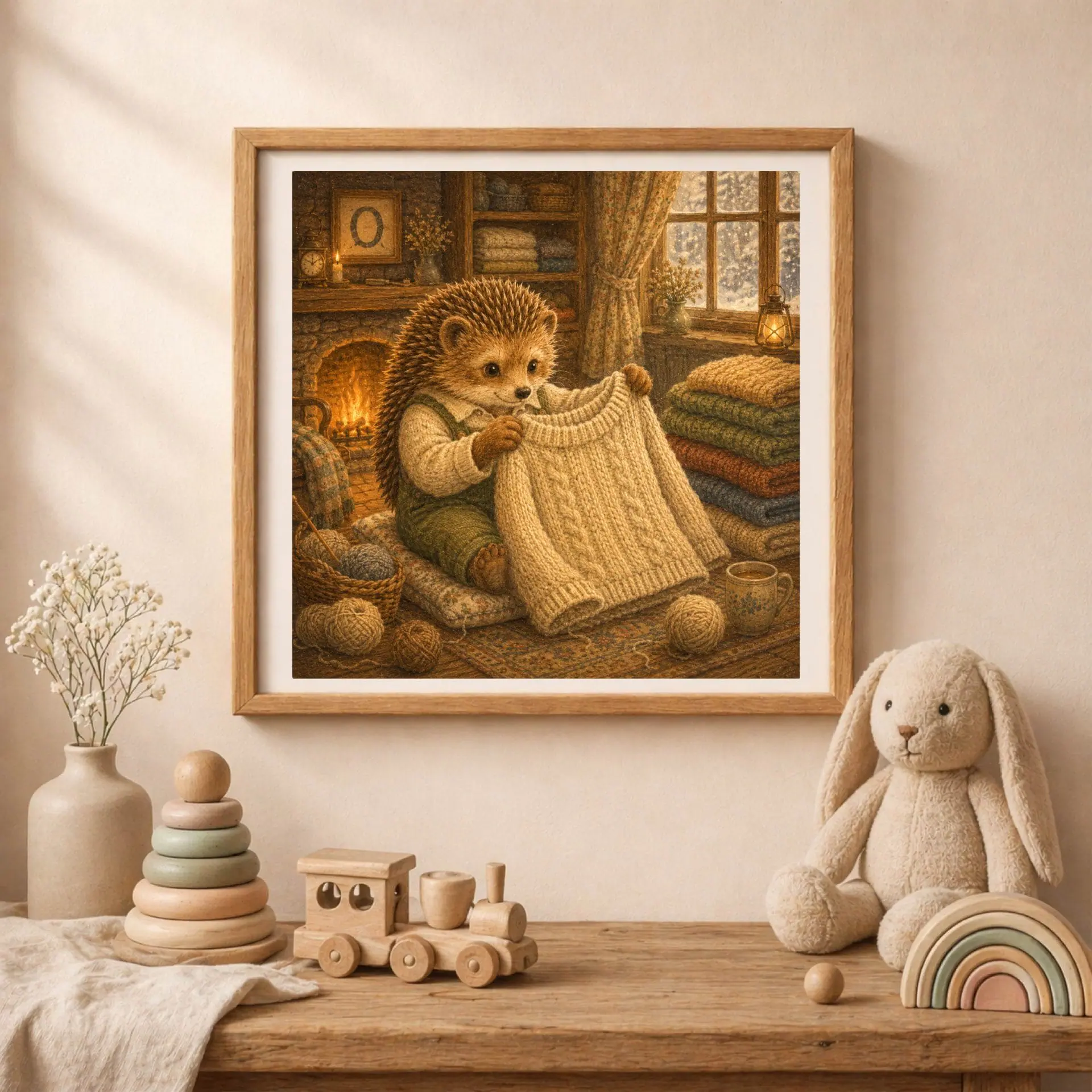 Nursery Monogram O Printable Art Hedgehog Baby Shower Decor Gift 2 A square wooden frame with the hedgehog monogram art mounted on a soft cream nursery wall above a wooden table with a plush rabbit, toy train, and wooden rainbow.