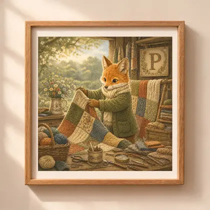 Vintage storybook style square illustration of a red fox smoothing a knitted patchwork blanket on a wooden workbench inside a frame on a beige wall.