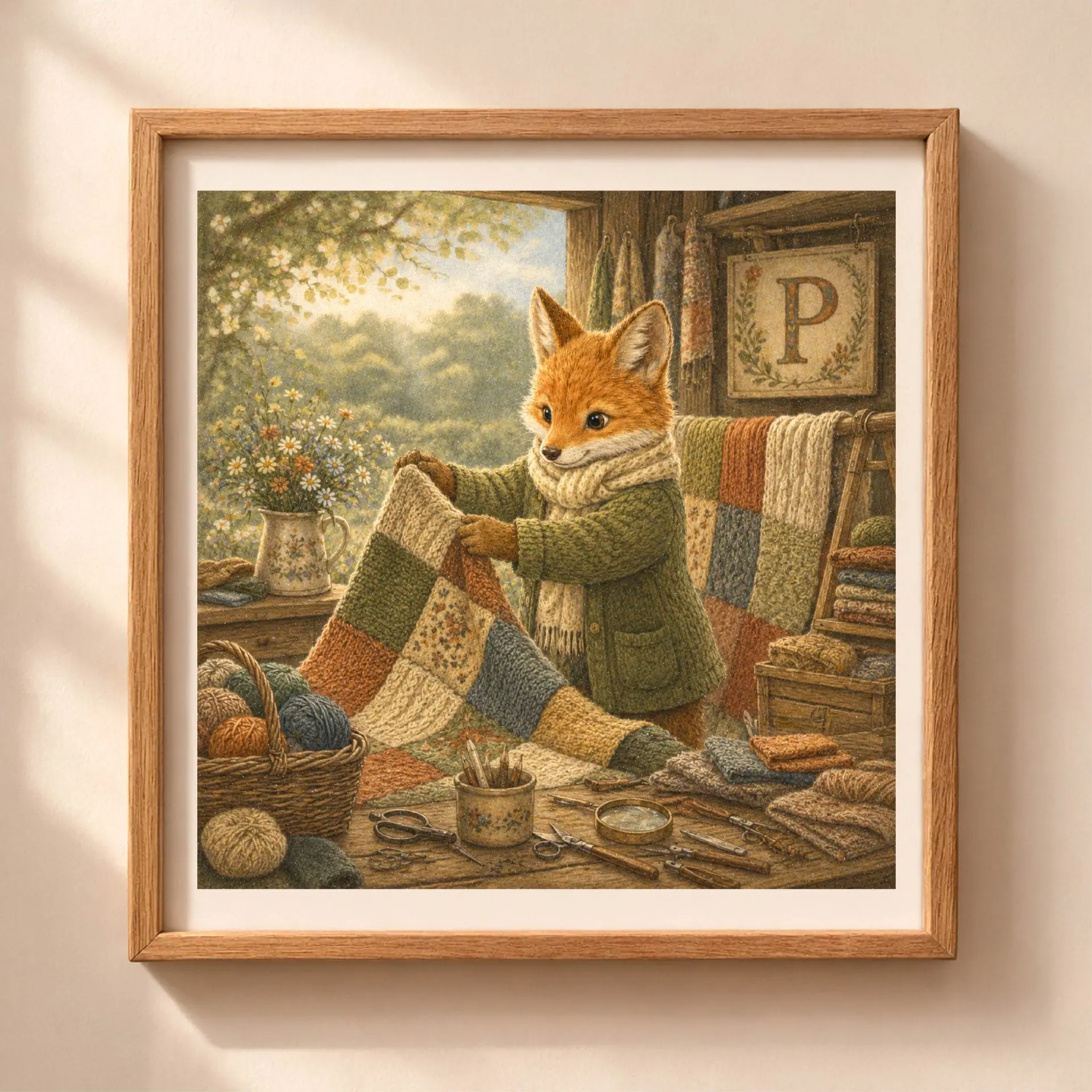 Nursery Monogram P Printable Art Fox Patchwork Decor Gift 1 Vintage storybook style square illustration of a red fox smoothing a knitted patchwork blanket on a wooden workbench inside a frame on a beige wall.