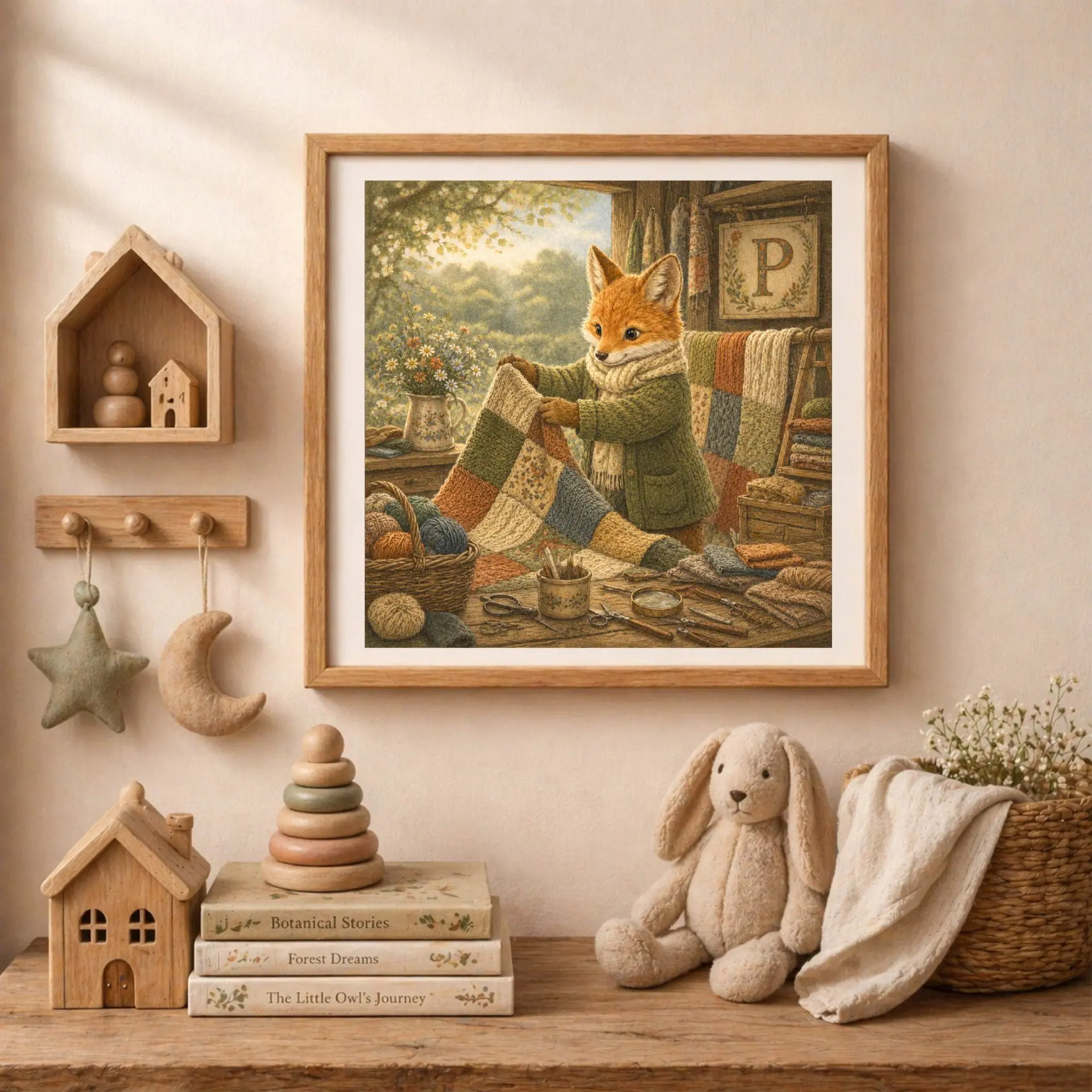 Nursery Monogram P Printable Art Fox Patchwork Decor Gift 4 Square wooden frame with the fox initial art surrounded by wooden house shelves, hanging cloth moon and star toys, and a stack of children's books.