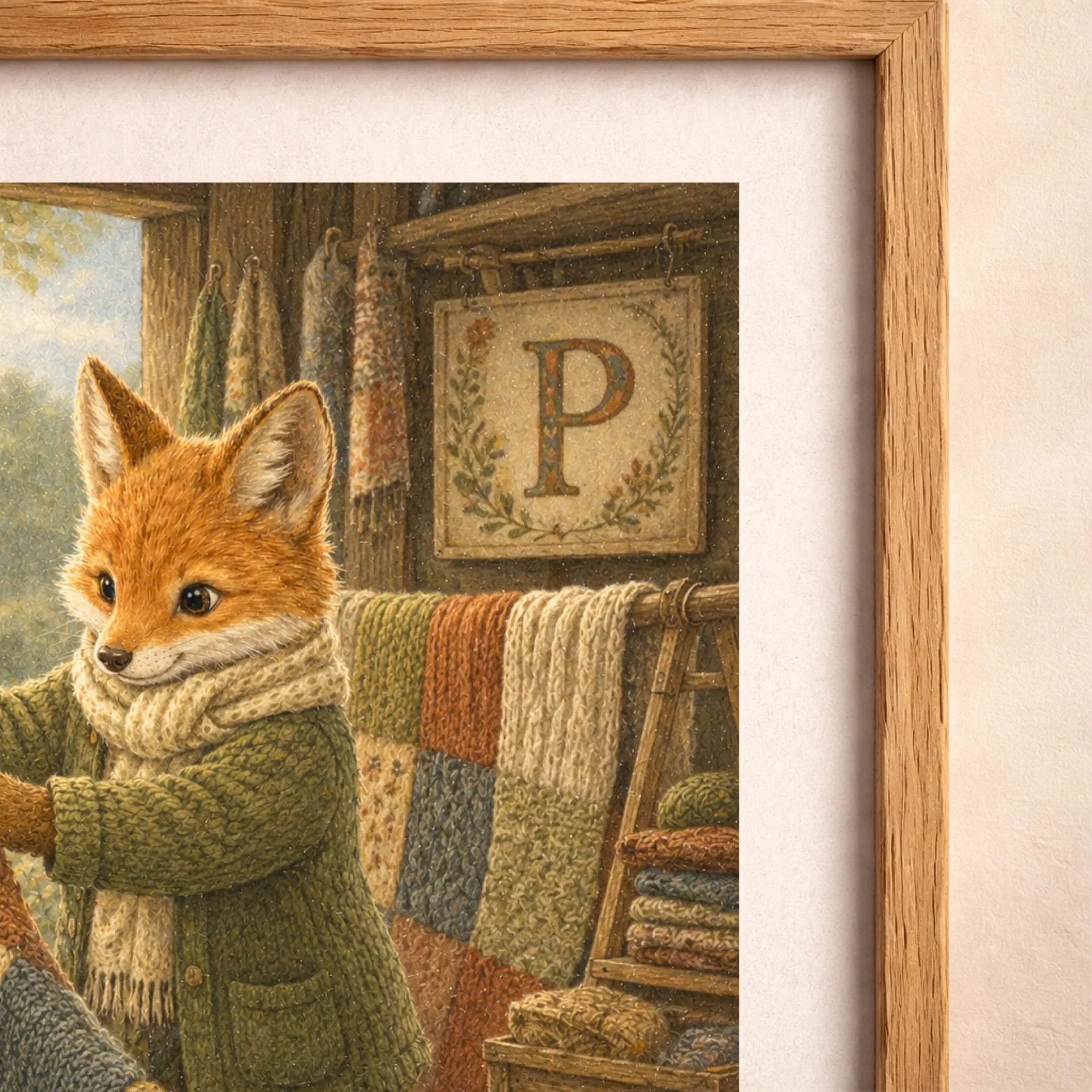 Nursery Monogram P Printable Art Fox Patchwork Decor Gift 7 Close-up macro view focusing on the framed letter P, fox fur texture, cardigan stitches, and fine paper grain.
