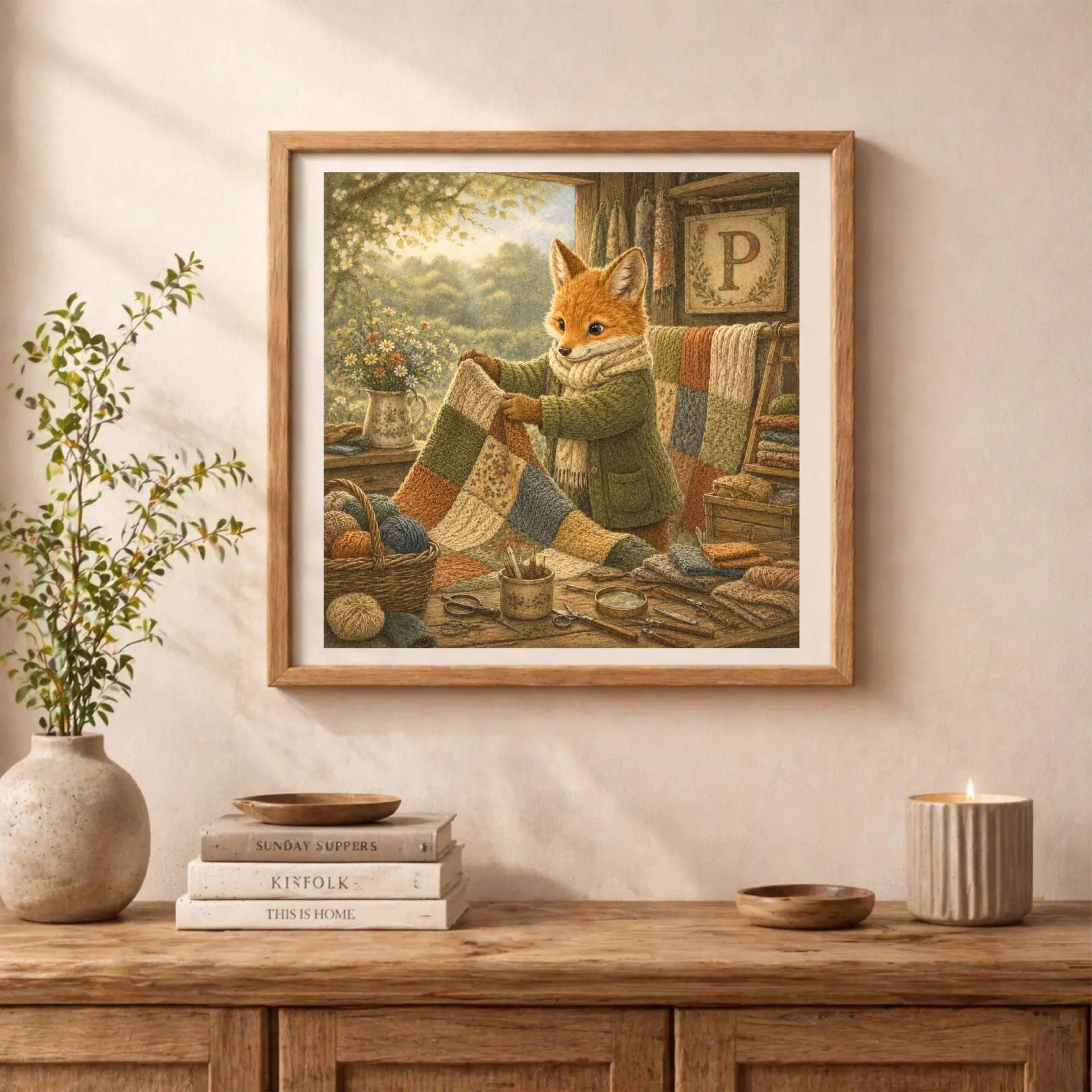 Nursery Monogram P Printable Art Fox Patchwork Decor Gift 3 Framed storybook fox illustration standing on a wooden sideboard next to books, a green branch in a ceramic vase, and a burning candle.