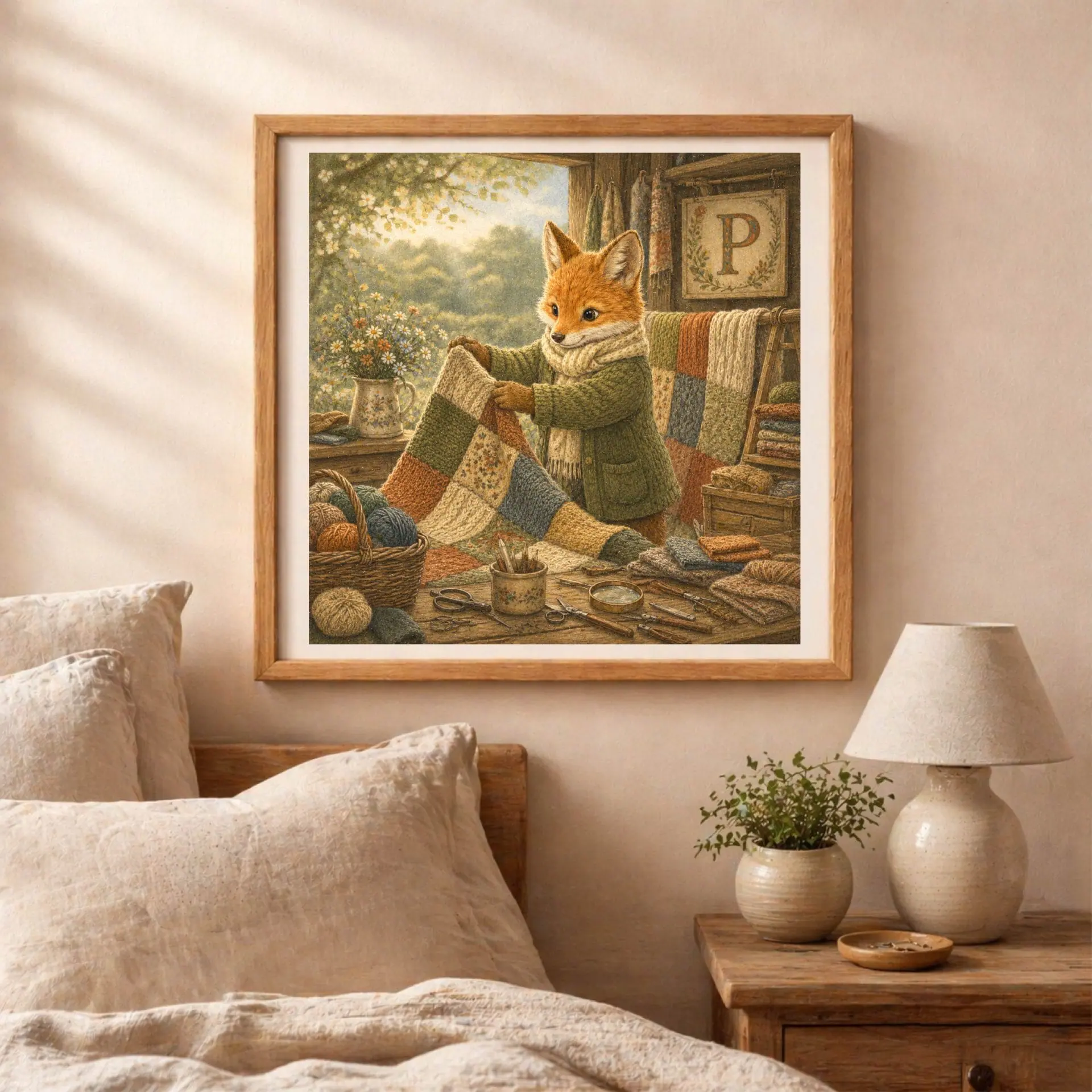Nursery Monogram P Printable Art Fox Patchwork Decor Gift 6 Framed fox initial artwork hanging on a textured bedroom wall above a wooden nightstand with a ceramic lamp, green plant, and soft linen sheets.