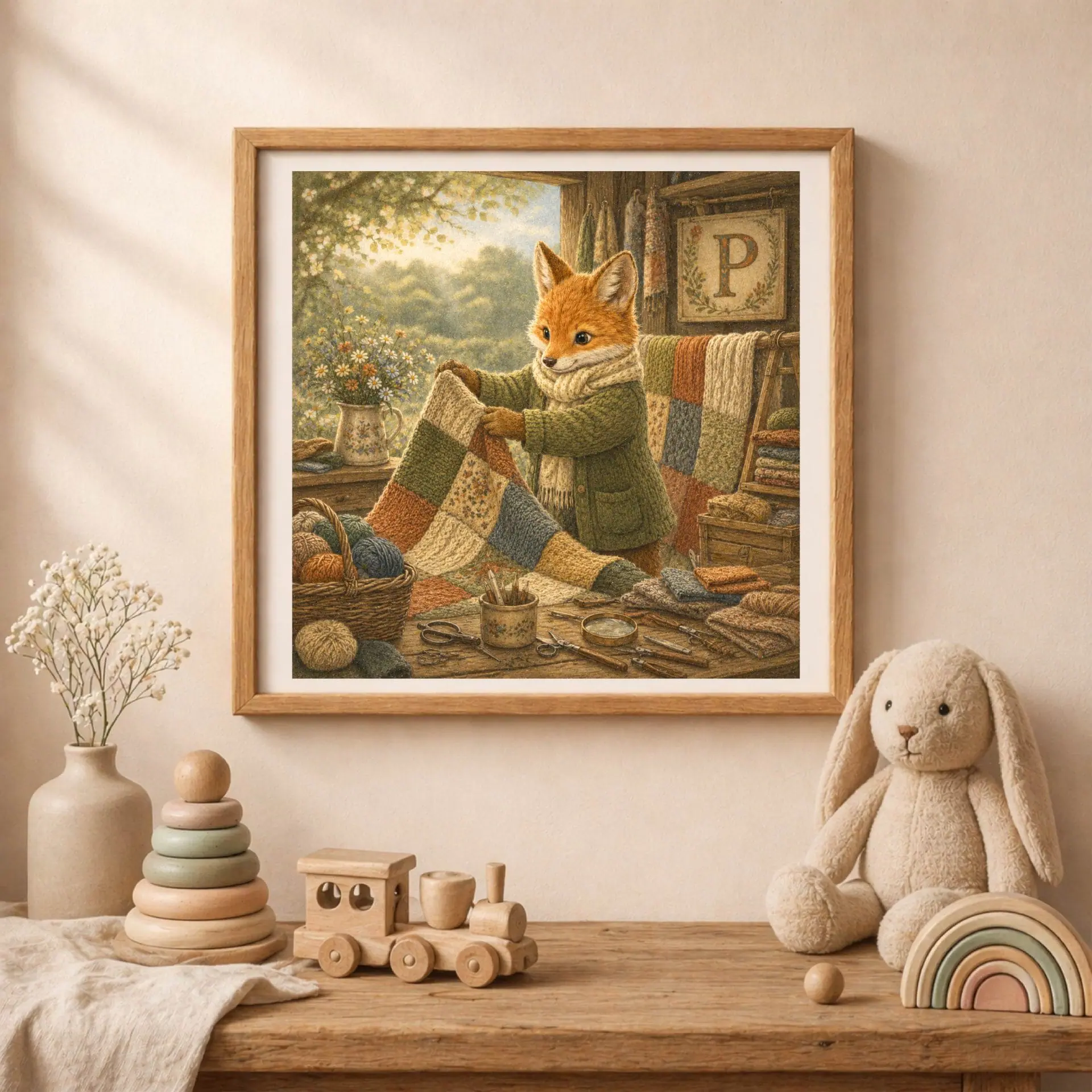 Nursery Monogram P Printable Art Fox Patchwork Decor Gift 2 A square wooden frame with the fox monogram art mounted on a soft cream nursery wall above a wooden table with a plush rabbit, toy train, and wooden rainbow.