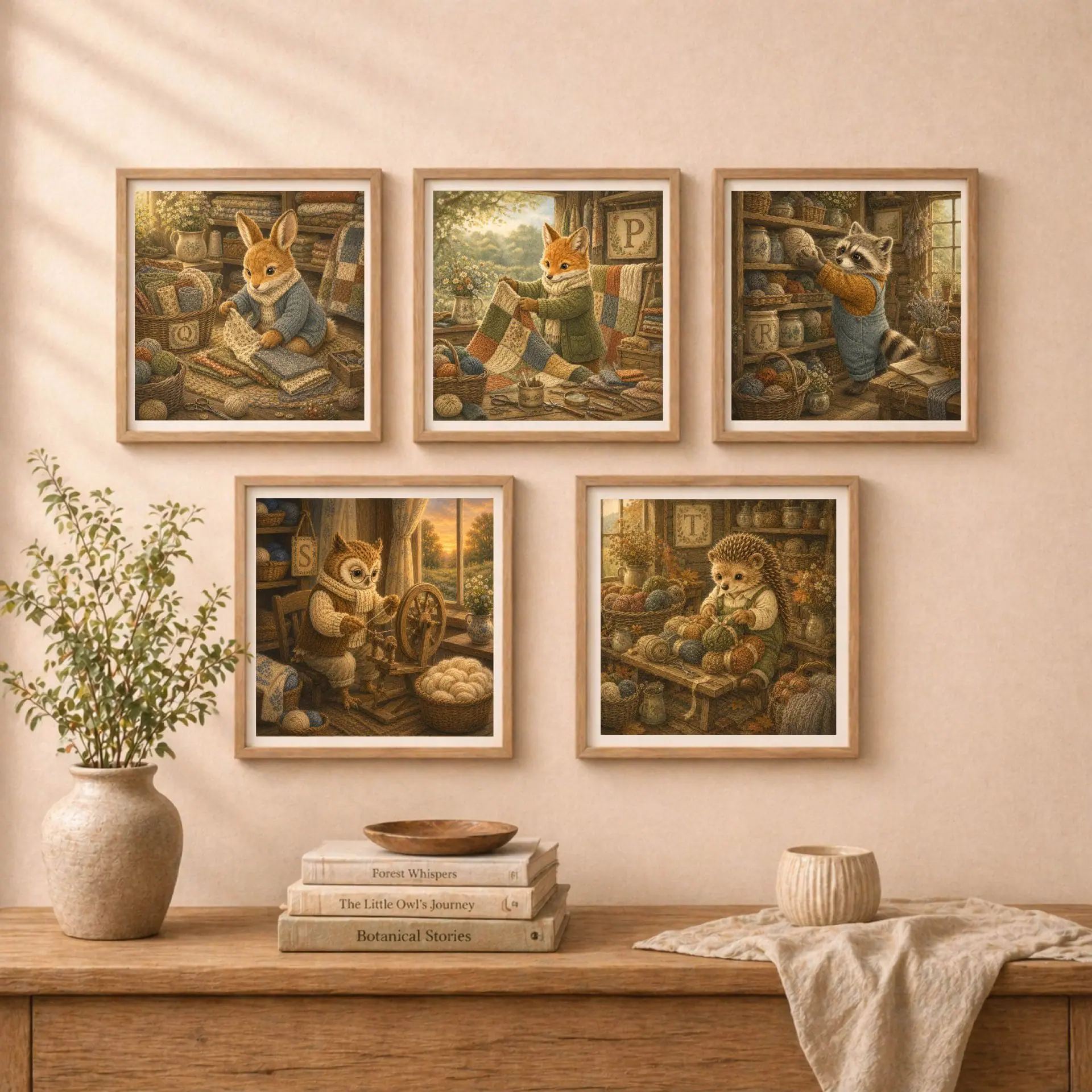 Nursery Monogram P Printable Art Fox Patchwork Decor Gift 9 A wall gallery arrangement of five framed animal prints featuring a rabbit with letter Q, fox with letter P, raccoon with letter R, owl with letter S, and hedgehog with letter T.