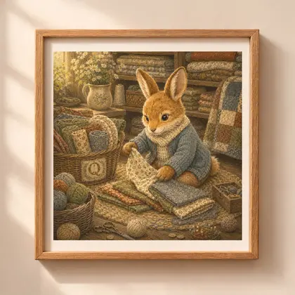Vintage storybook style square illustration of a brown bunny picking floral fabrics on a braided rug next to a quilt basket with letter Q on a beige wall.
