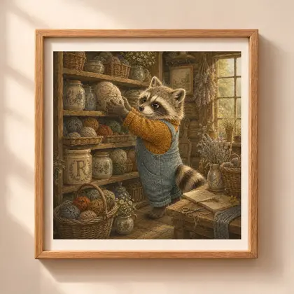 Vintage storybook style square illustration of a raccoon reaching for yarn on a shelf next to a ceramic crock with letter R on a beige wall.