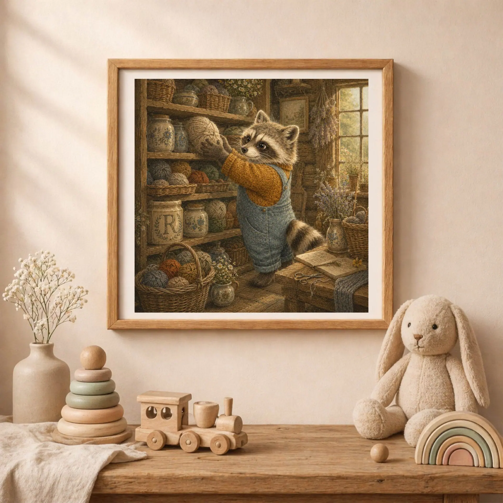 Nursery Monogram R Printable Art Raccoon Rustic Baby Shower Decor 2 A square wooden frame with the raccoon monogram art mounted on a soft cream nursery wall above a wooden table with a plush rabbit, toy train, and wooden rainbow.