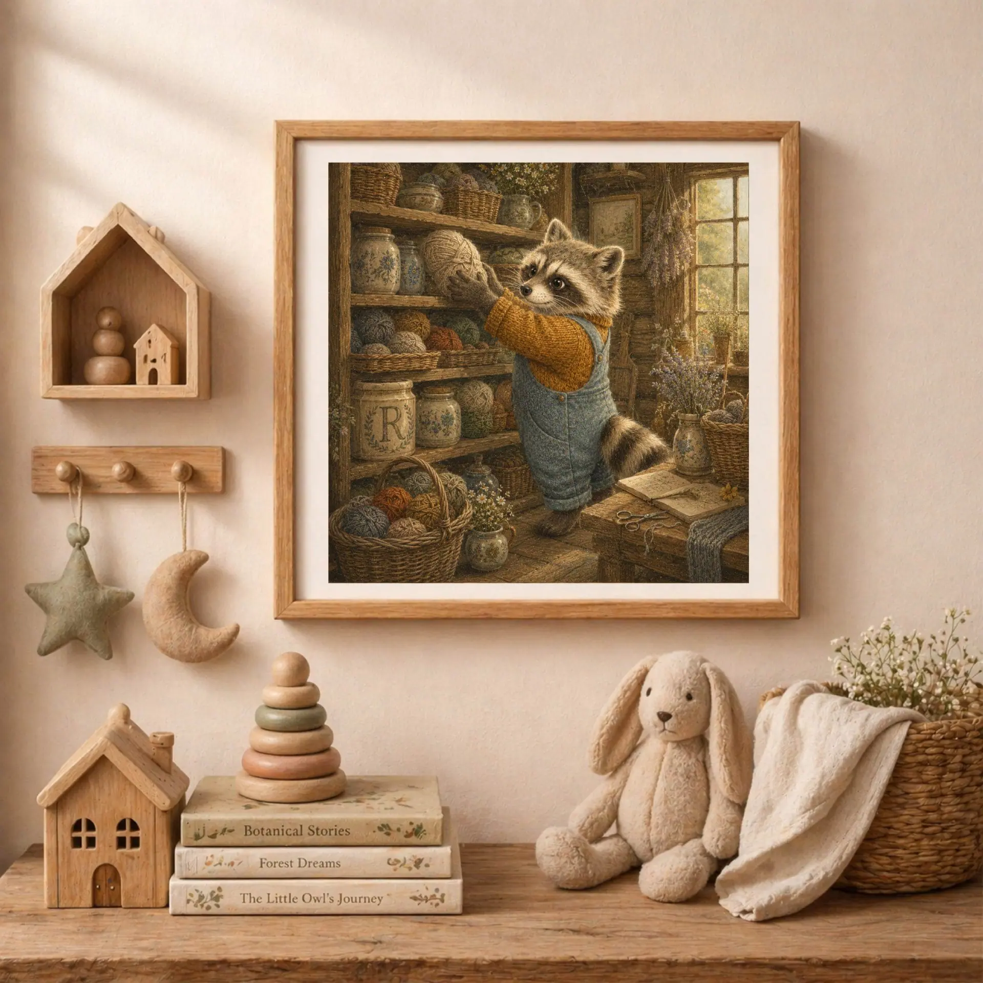 Nursery Monogram R Printable Art Raccoon Rustic Baby Shower Decor 4 Square wooden frame with the raccoon initial art surrounded by wooden house shelves, hanging cloth moon and star toys, and a stack of children's books.