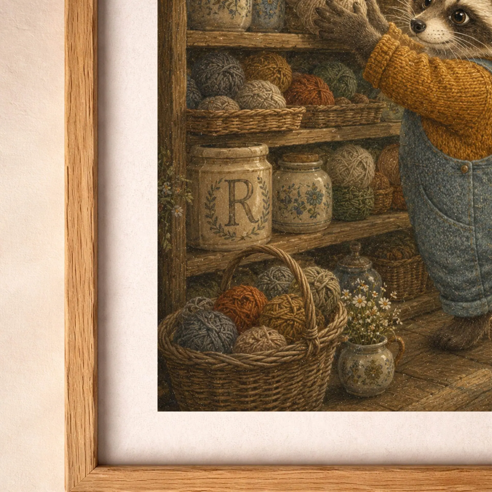 Nursery Monogram R Printable Art Raccoon Rustic Baby Shower Decor 7 Close-up macro view focusing on the stoneware crock with letter R, yarn balls in woven baskets, and fine paper grain.