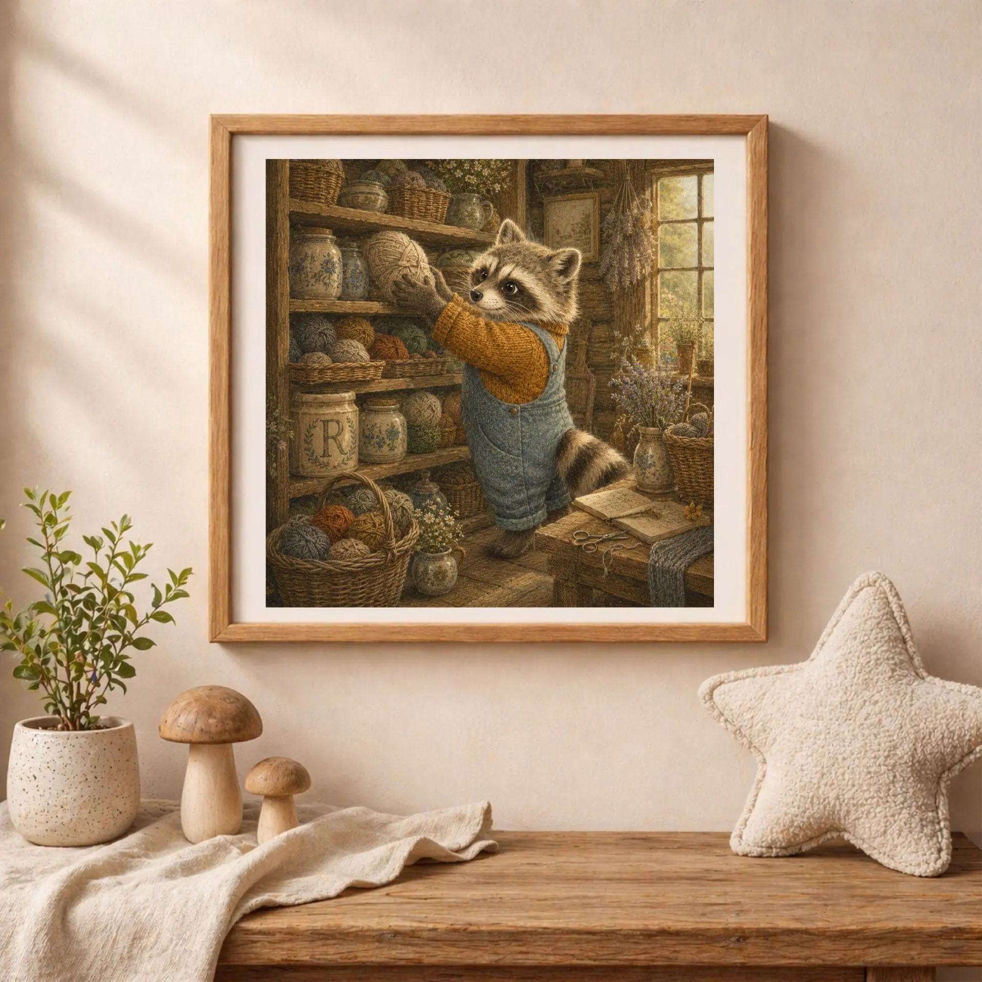 Nursery Monogram R Printable Art Raccoon Rustic Baby Shower Decor 5 Framed square art of a raccoon with yarn skeins resting on a table beside a potted plant, ceramic mushrooms, and a plush star pillow.