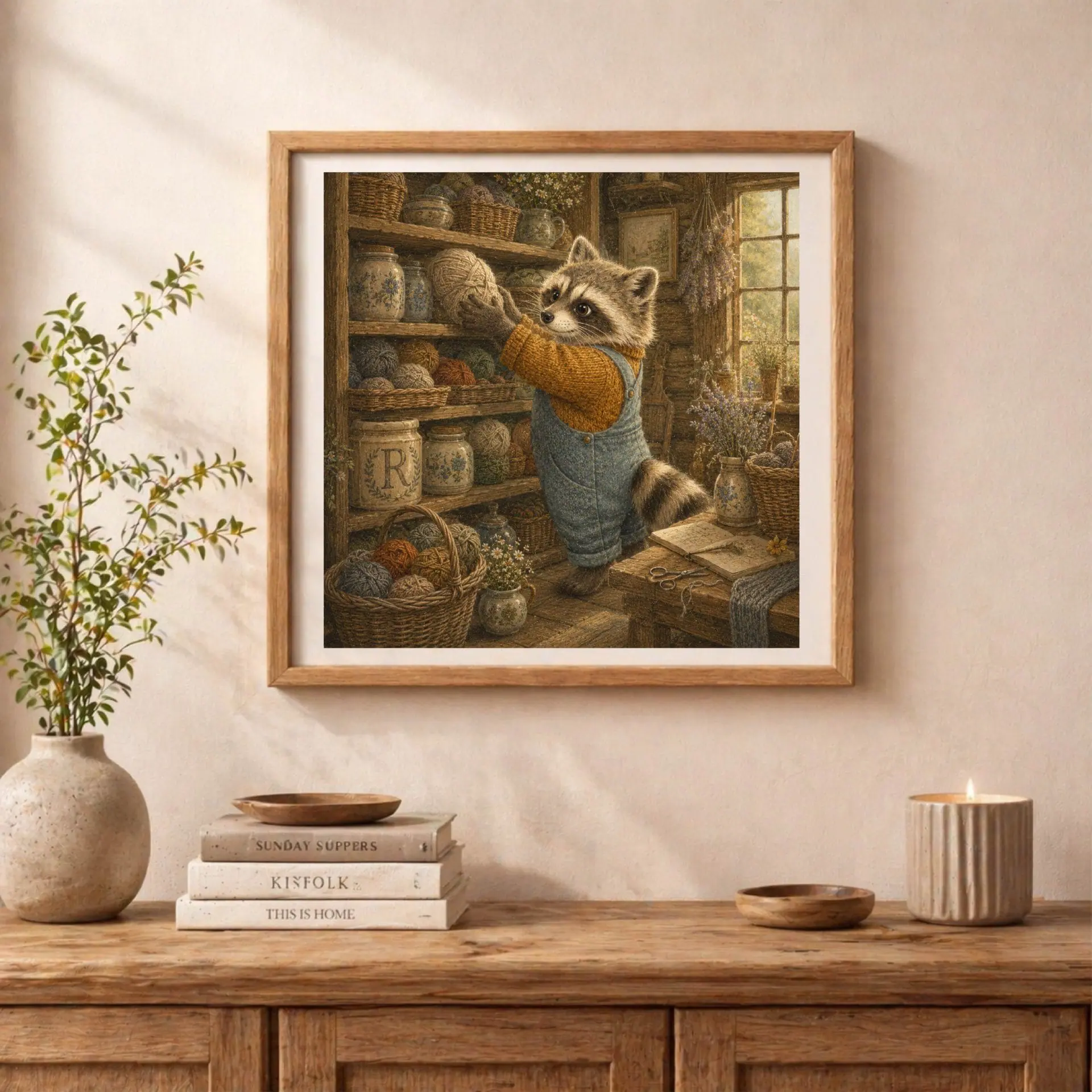 Nursery Monogram R Printable Art Raccoon Rustic Baby Shower Decor 3 Framed storybook raccoon illustration standing on a wooden sideboard next to books, a green branch in a ceramic vase, and a burning candle.