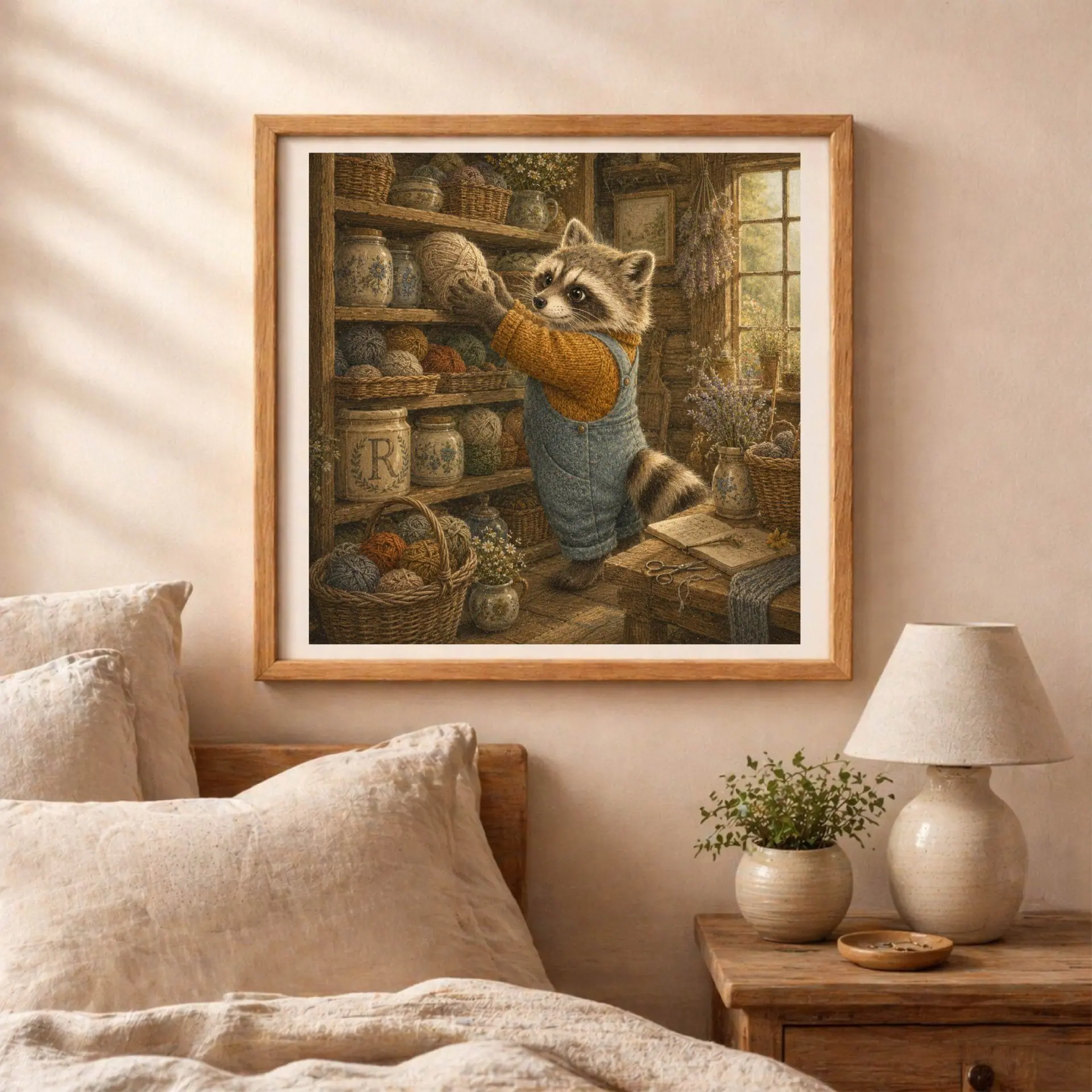 Nursery Monogram R Printable Art Raccoon Rustic Baby Shower Decor 6 Framed raccoon initial artwork hanging on a textured bedroom wall above a wooden nightstand with a ceramic lamp, green plant, and soft linen sheets.