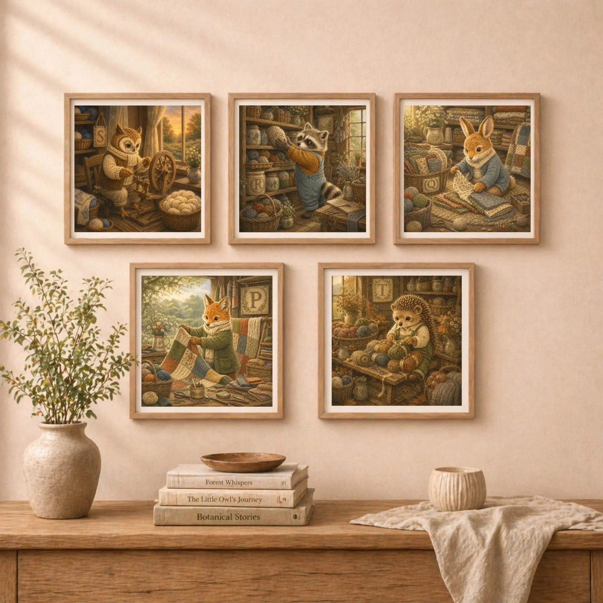 Nursery Monogram R Printable Art Raccoon Rustic Baby Shower Decor 9 A wall gallery arrangement of five framed animal prints featuring an owl with letter S, raccoon with letter R, bunny with letter Q, fox with letter P, and hedgehog with letter T.