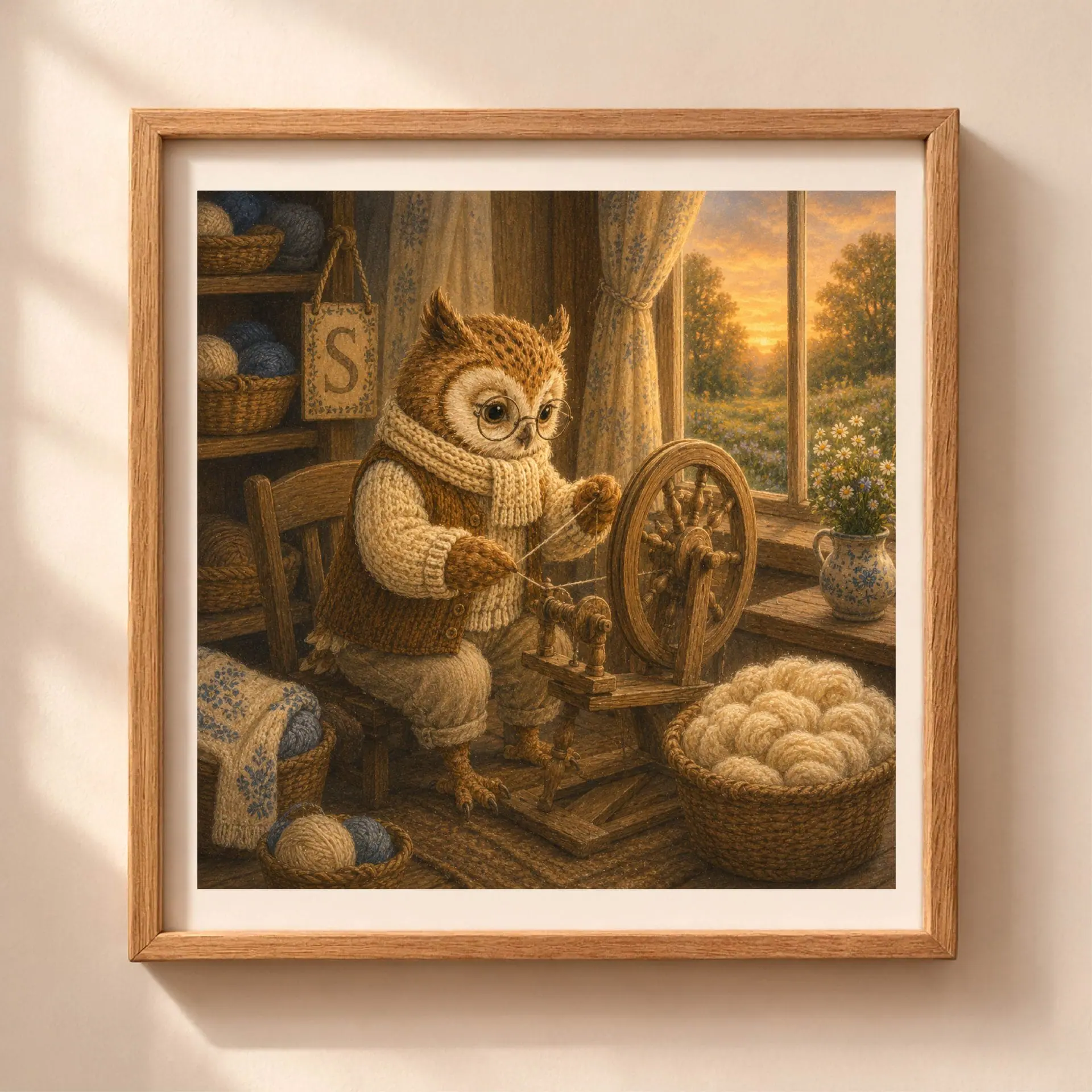 Nursery Monogram S Printable Art Owl Spinning Wheel Gift Decor 1 Vintage storybook style square illustration of an owl in glasses spinning yarn at a spinning wheel with letter S plaque on a beige wall.