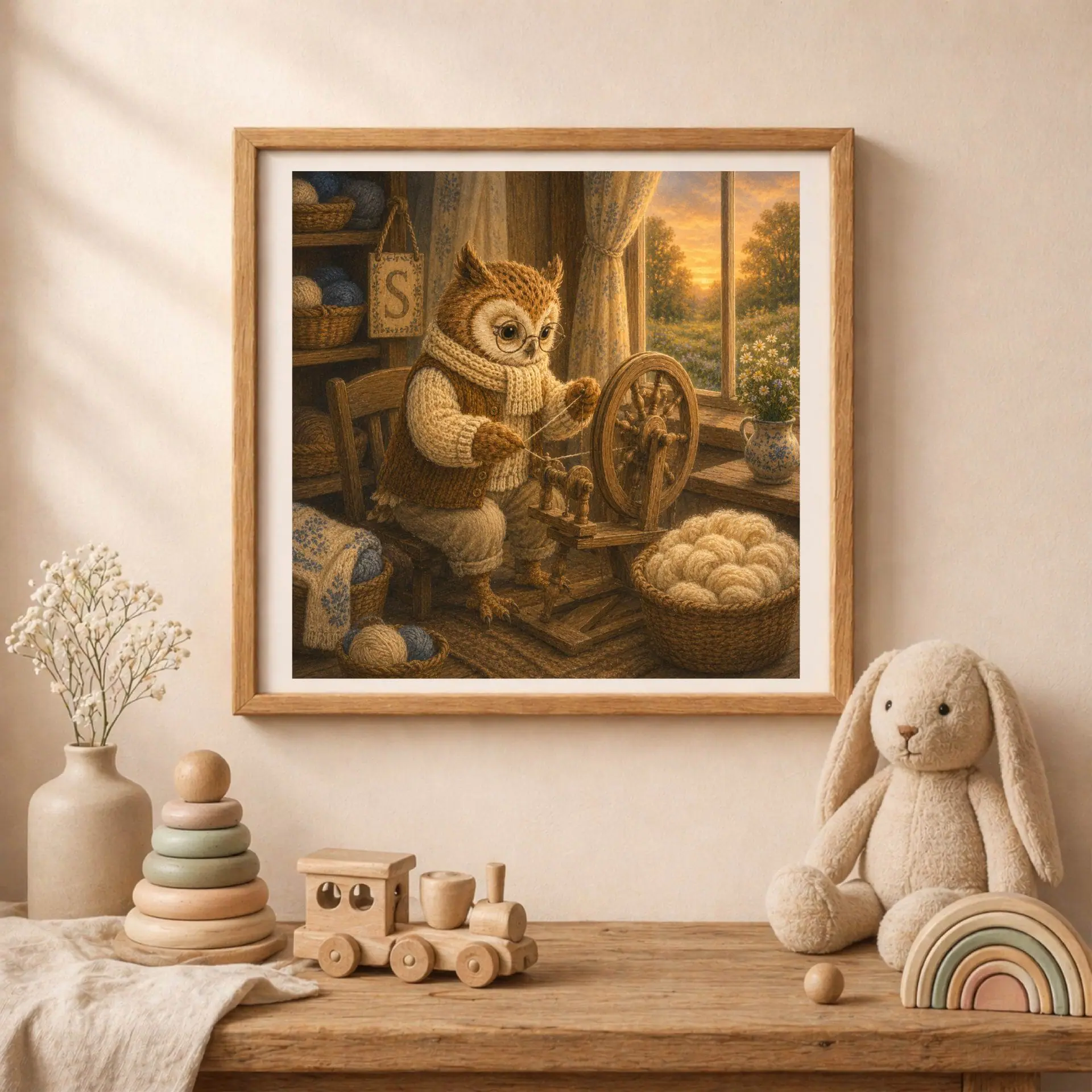 Nursery Monogram S Printable Art Owl Spinning Wheel Gift Decor 2 A square wooden frame with the owl monogram art mounted on a cream wall above a wooden table with a toy train, pyramid, and plush bunny.