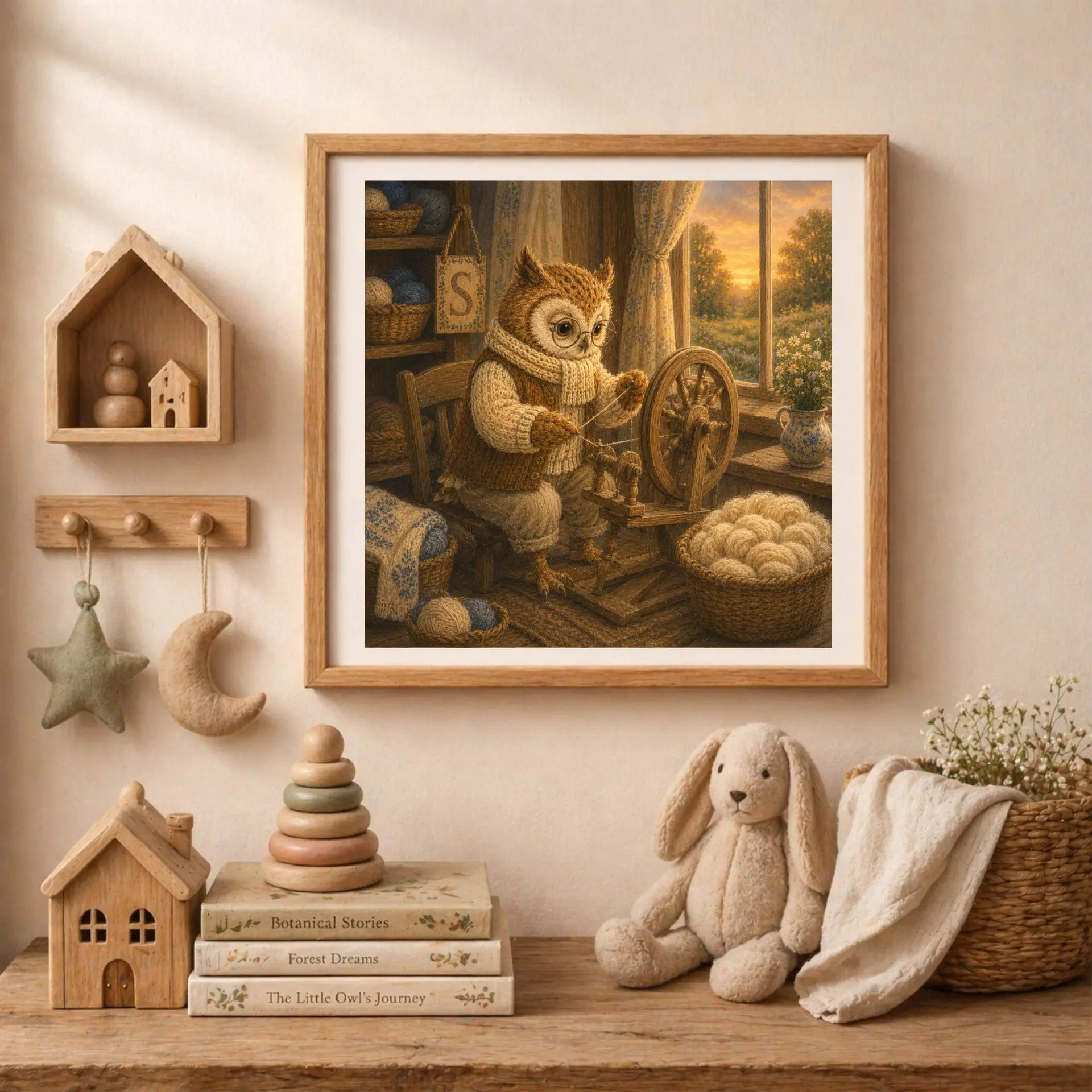Nursery Monogram S Printable Art Owl Spinning Wheel Gift Decor 4 Square wooden frame with owl initial art surrounded by wooden house shelves, hanging felt stars, and a stack of children's storybooks.
