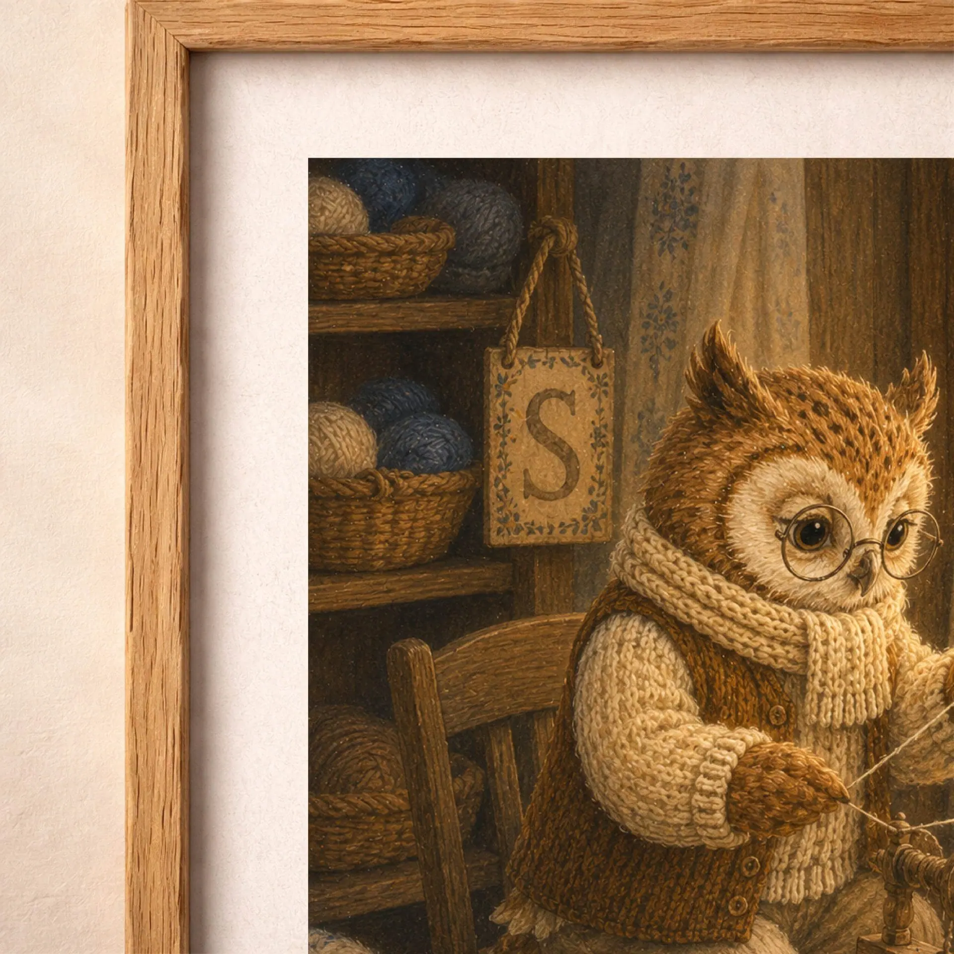 Nursery Monogram S Printable Art Owl Spinning Wheel Gift Decor 7 Extreme macro close-up showing the hanging wooden letter S sign, yarn baskets, knitted sweater texture, and owl's glasses.