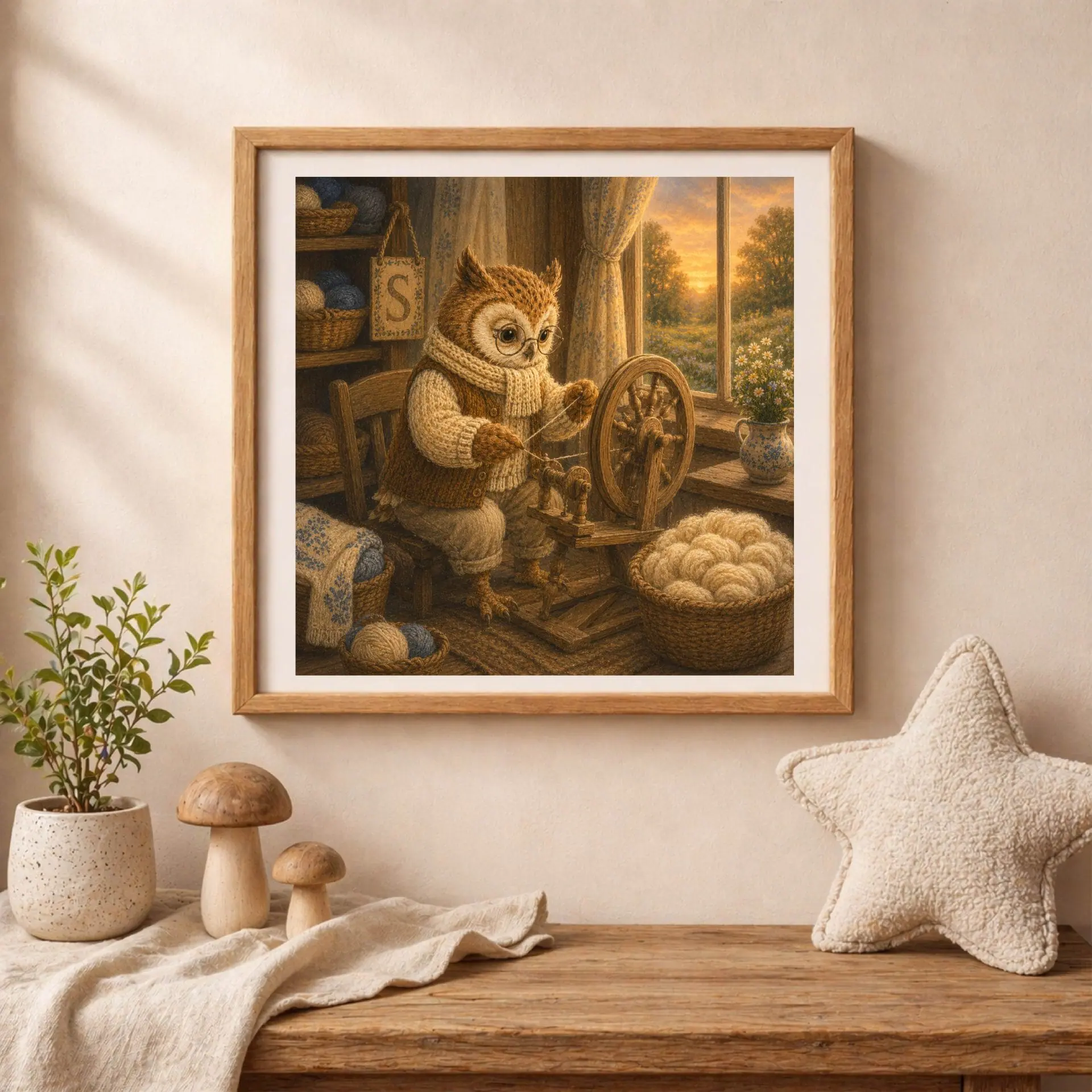 Nursery Monogram S Printable Art Owl Spinning Wheel Gift Decor 5 Framed square artwork of an owl spinning wool resting on a wooden table near a potted plant, wooden mushrooms, and a plush star pillow.