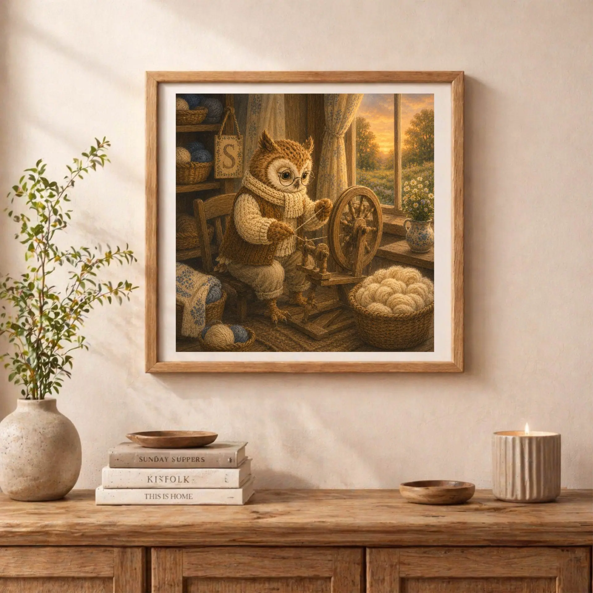 Nursery Monogram S Printable Art Owl Spinning Wheel Gift Decor 3 Framed storybook owl print resting on a wooden sideboard next to stacked books, a potted green plant, and a glowing candle.