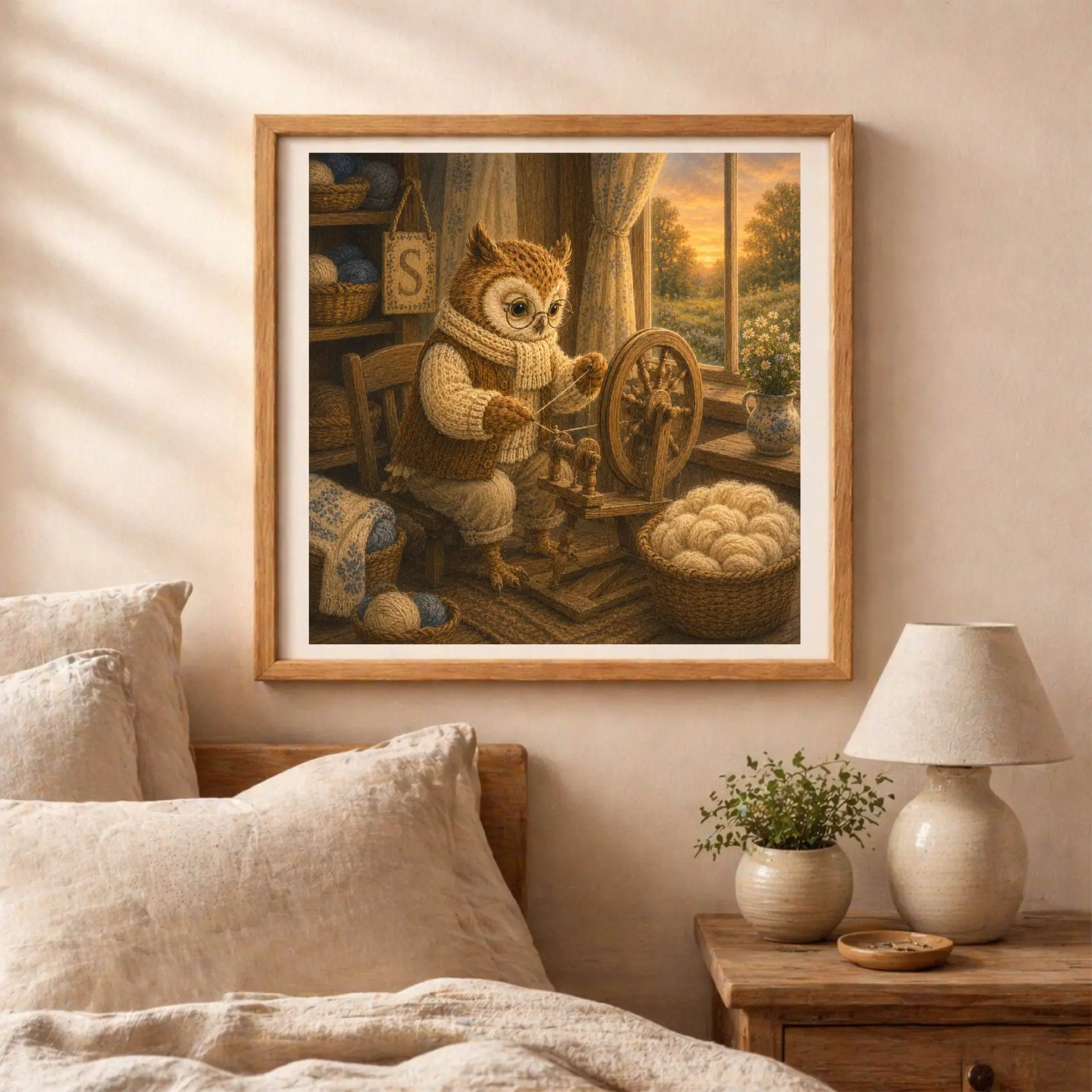 Nursery Monogram S Printable Art Owl Spinning Wheel Gift Decor 6 Framed owl initial artwork hanging on a textured wall above a bedside table with a night ceramic lamp, small green plant, and linen bedding.