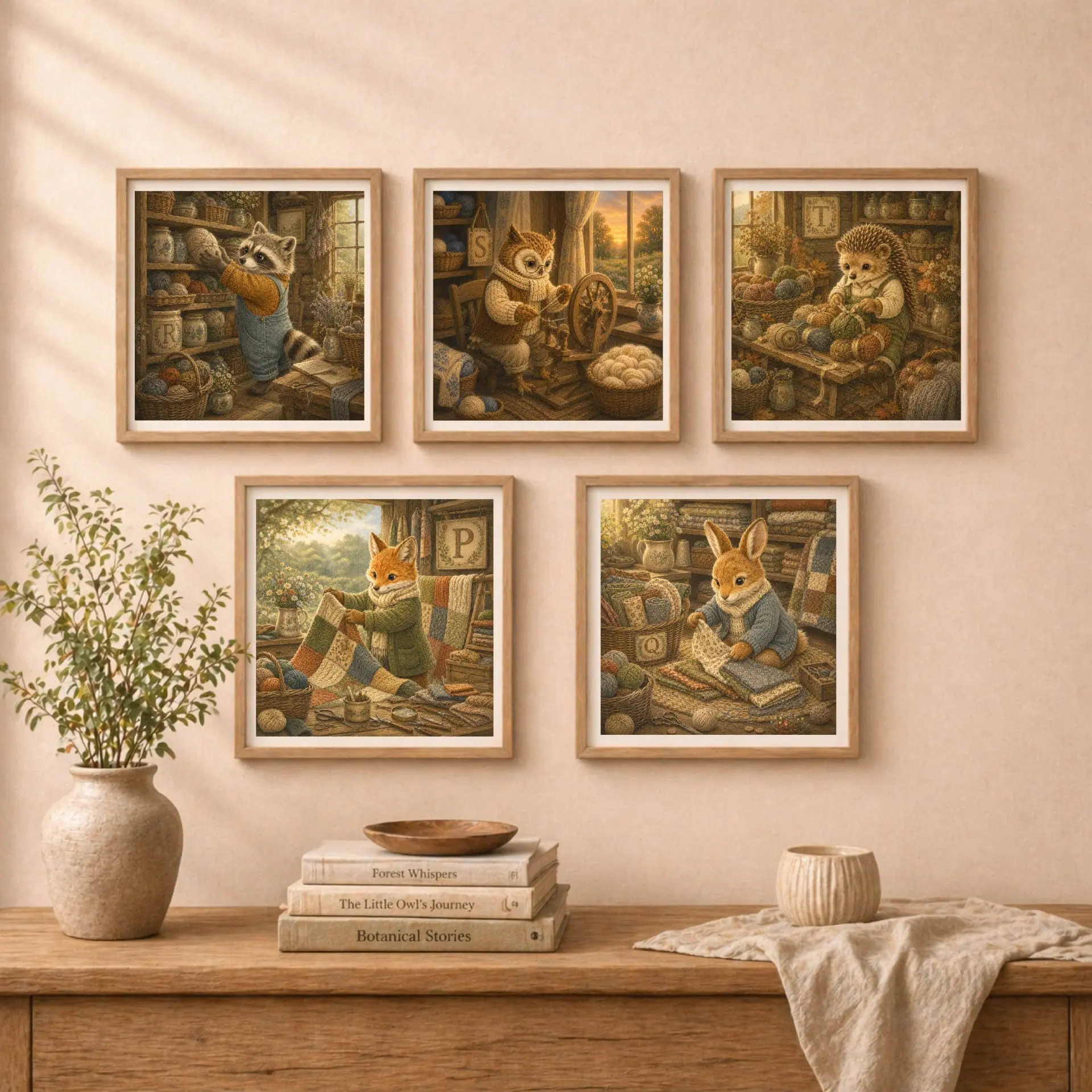 Nursery Monogram S Printable Art Owl Spinning Wheel Gift Decor 9 Wall gallery display of five framed animal craft prints: raccoon with letter R, owl with letter S, hedgehog with letter T, fox with letter P, and rabbit with letter Q.