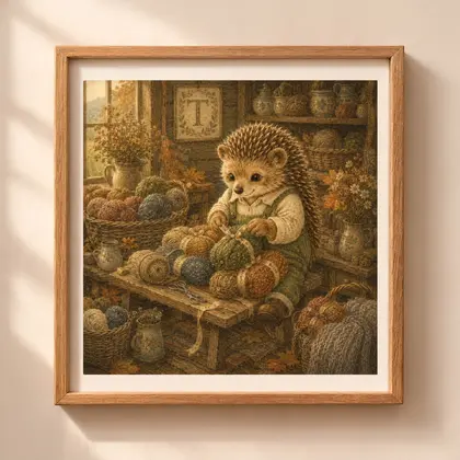 Vintage storybook style square illustration of a hedgehog in green overalls tying ribbon on tweed yarn with letter T plaque in an autumn craft room.
