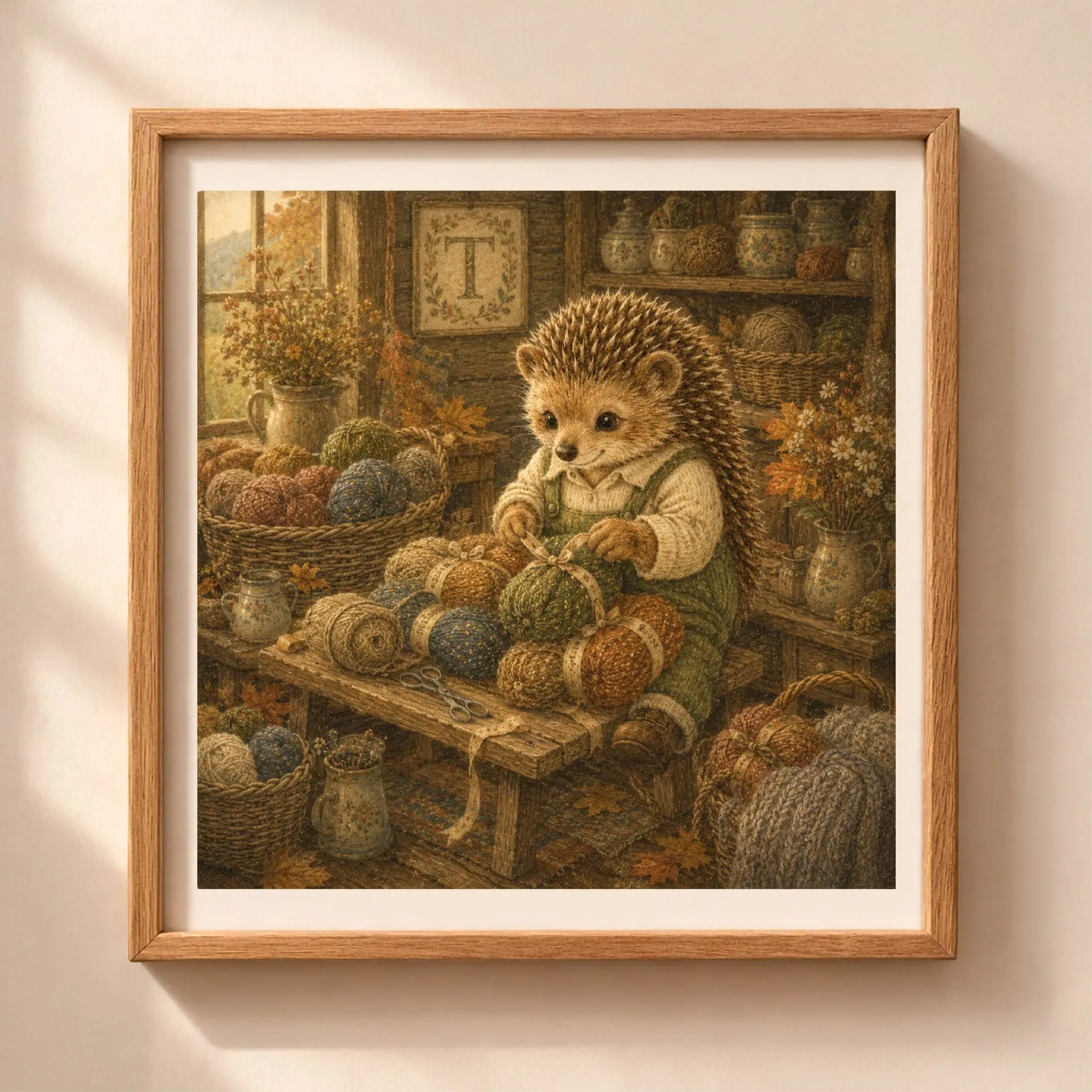 Nursery Monogram T Printable Art Hedgehog Baby Shower Gift Decor 1 Vintage storybook style square illustration of a hedgehog in green overalls tying ribbon on tweed yarn with letter T plaque in an autumn craft room.
