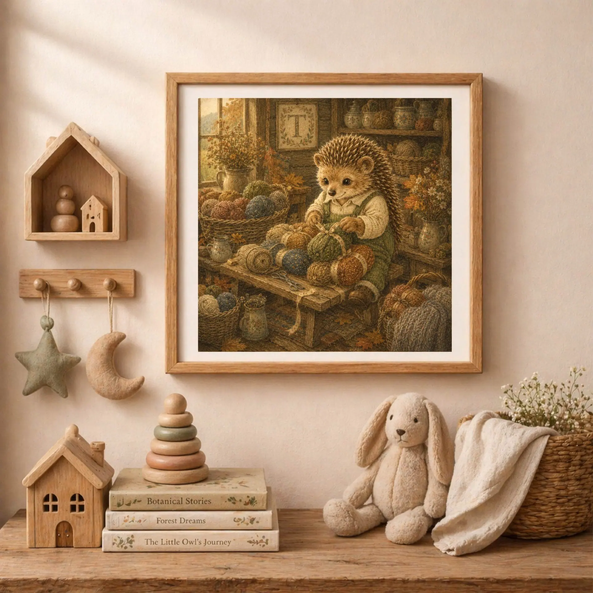 Nursery Monogram T Printable Art Hedgehog Baby Shower Gift Decor 4 Square wooden frame with hedgehog initial art surrounded by wooden house shelves, hanging felt stars, and children's storybooks.