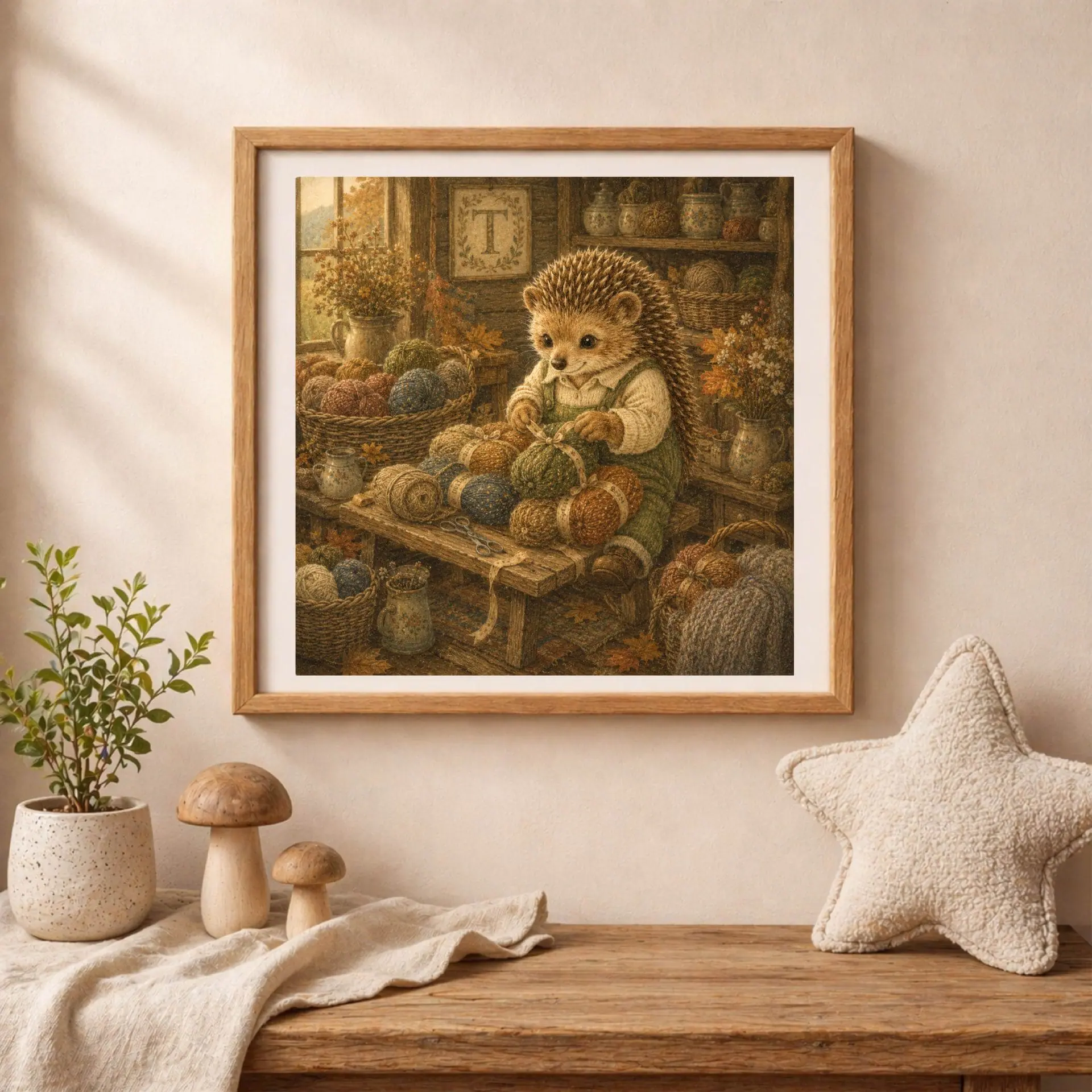 Nursery Monogram T Printable Art Hedgehog Baby Shower Gift Decor 5 Framed square artwork of a hedgehog with tweed yarn resting on a wooden table near a potted plant, wooden mushrooms, and a star pillow.