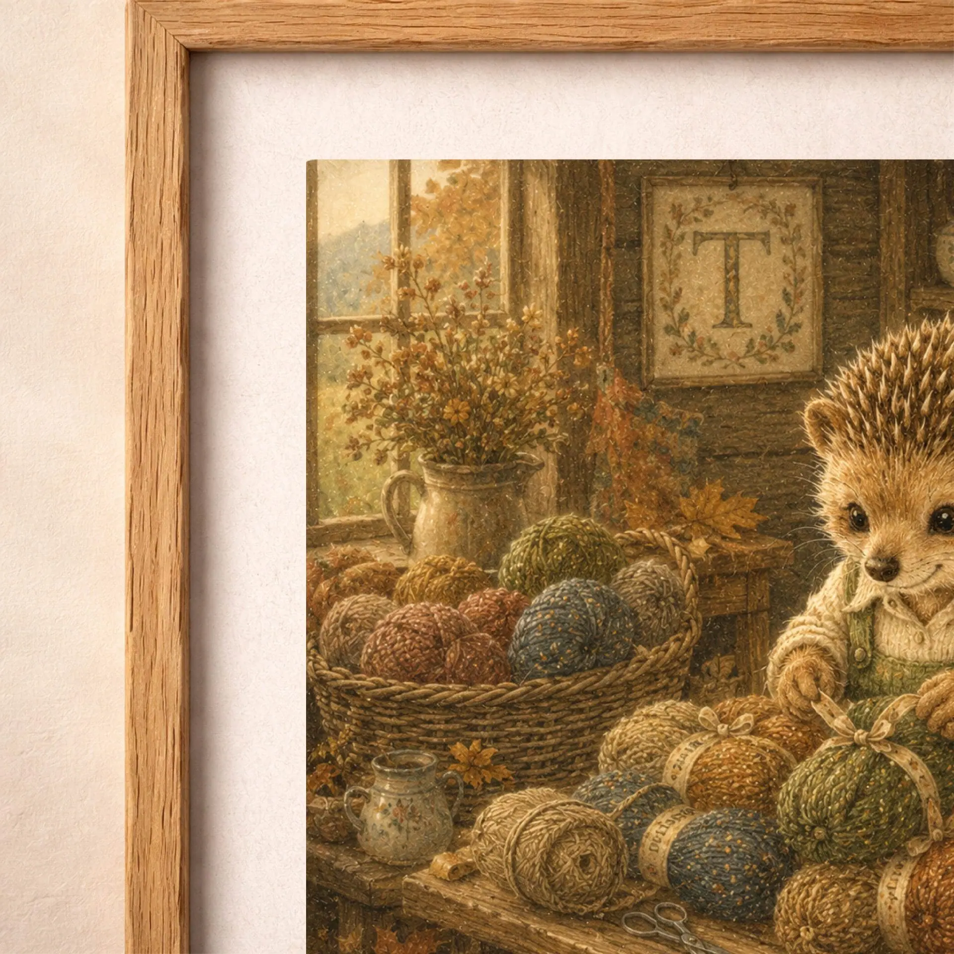 Nursery Monogram T Printable Art Hedgehog Baby Shower Gift Decor 7 Extreme macro close-up showing the hanging wooden letter T plaque, detailed tweed yarn texture, baskets, and autumn leaves.
