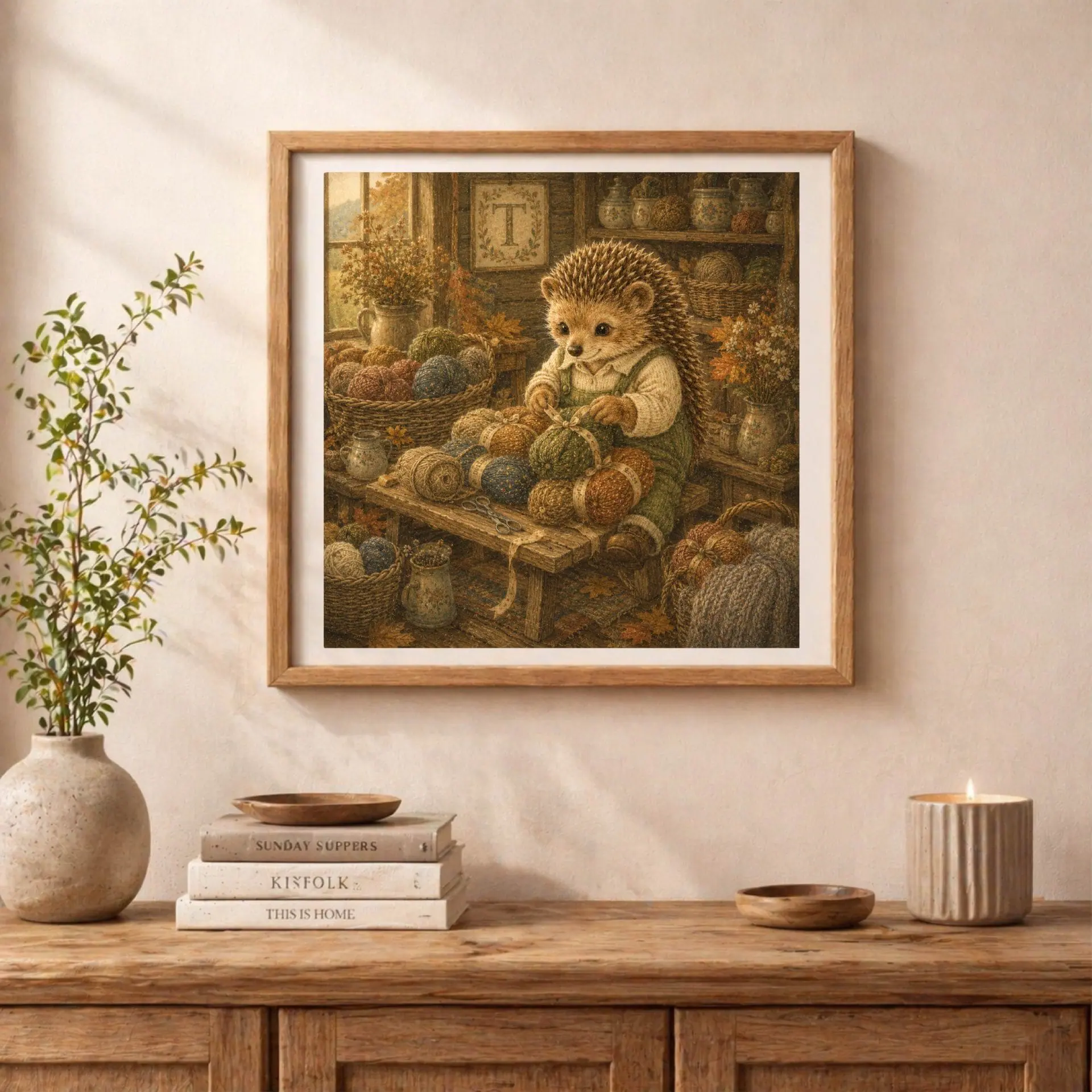 Nursery Monogram T Printable Art Hedgehog Baby Shower Gift Decor 3 Framed storybook hedgehog print resting on a wooden sideboard next to stacked books, a potted plant, and a burning candle.
