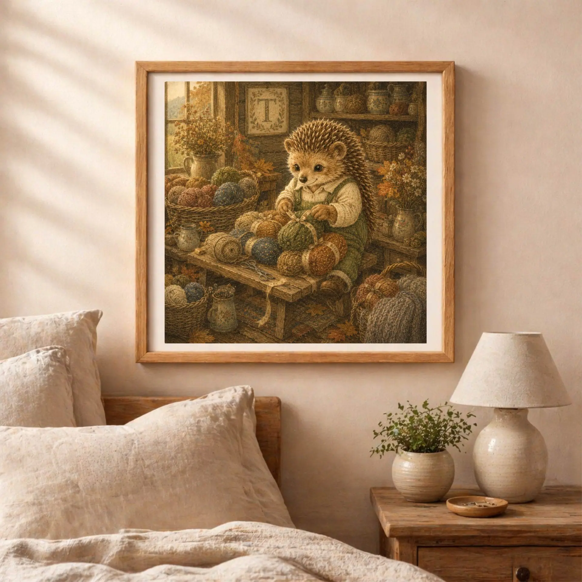 Nursery Monogram T Printable Art Hedgehog Baby Shower Gift Decor 6 Framed hedgehog initial artwork hanging on a textured wall above a bedside table with a ceramic lamp, small plant, and linen bedding.