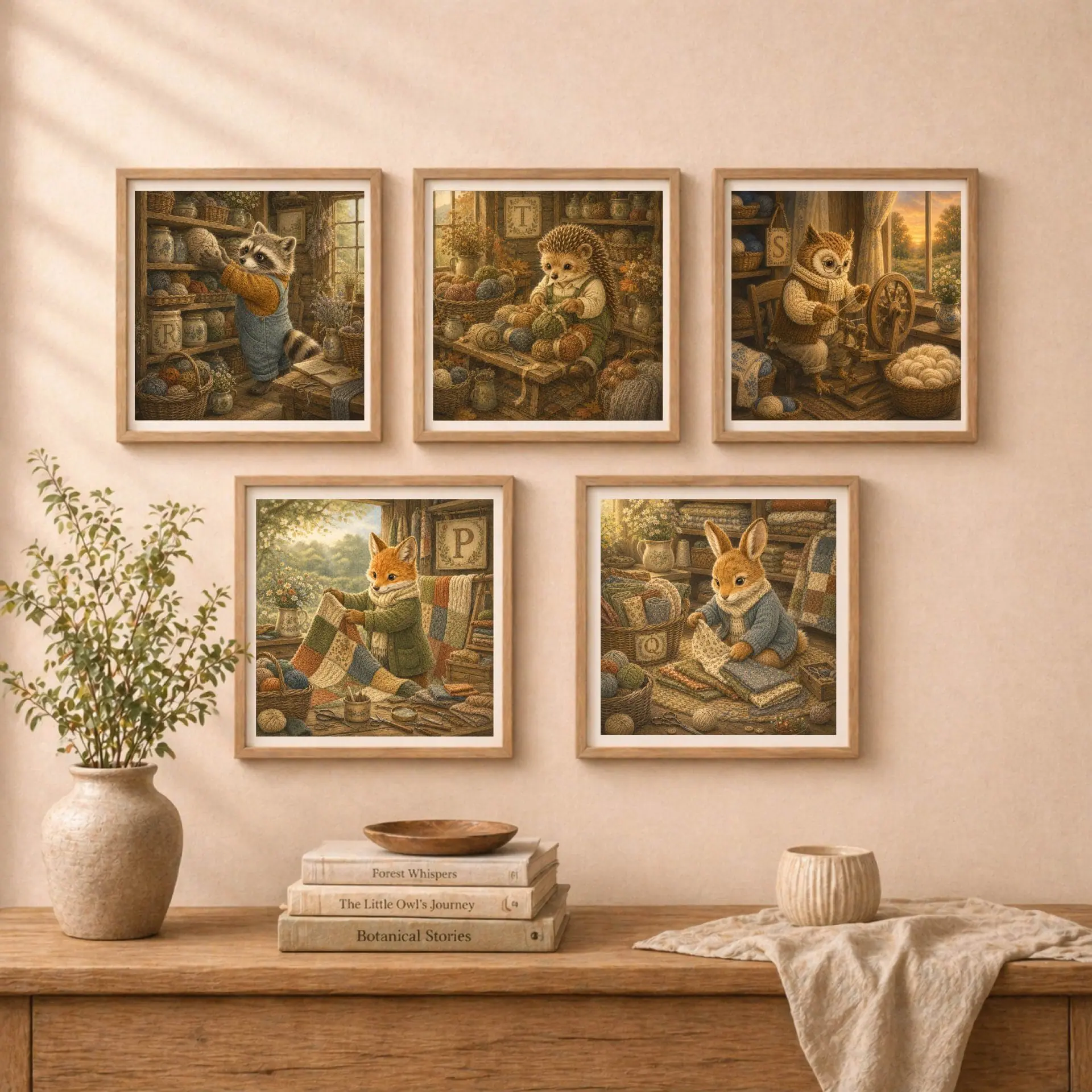 Nursery Monogram T Printable Art Hedgehog Baby Shower Gift Decor 9 Wall gallery display of five framed animal craft prints: raccoon with letter R, hedgehog with letter T, owl with letter S, fox with letter P, and rabbit with letter Q.