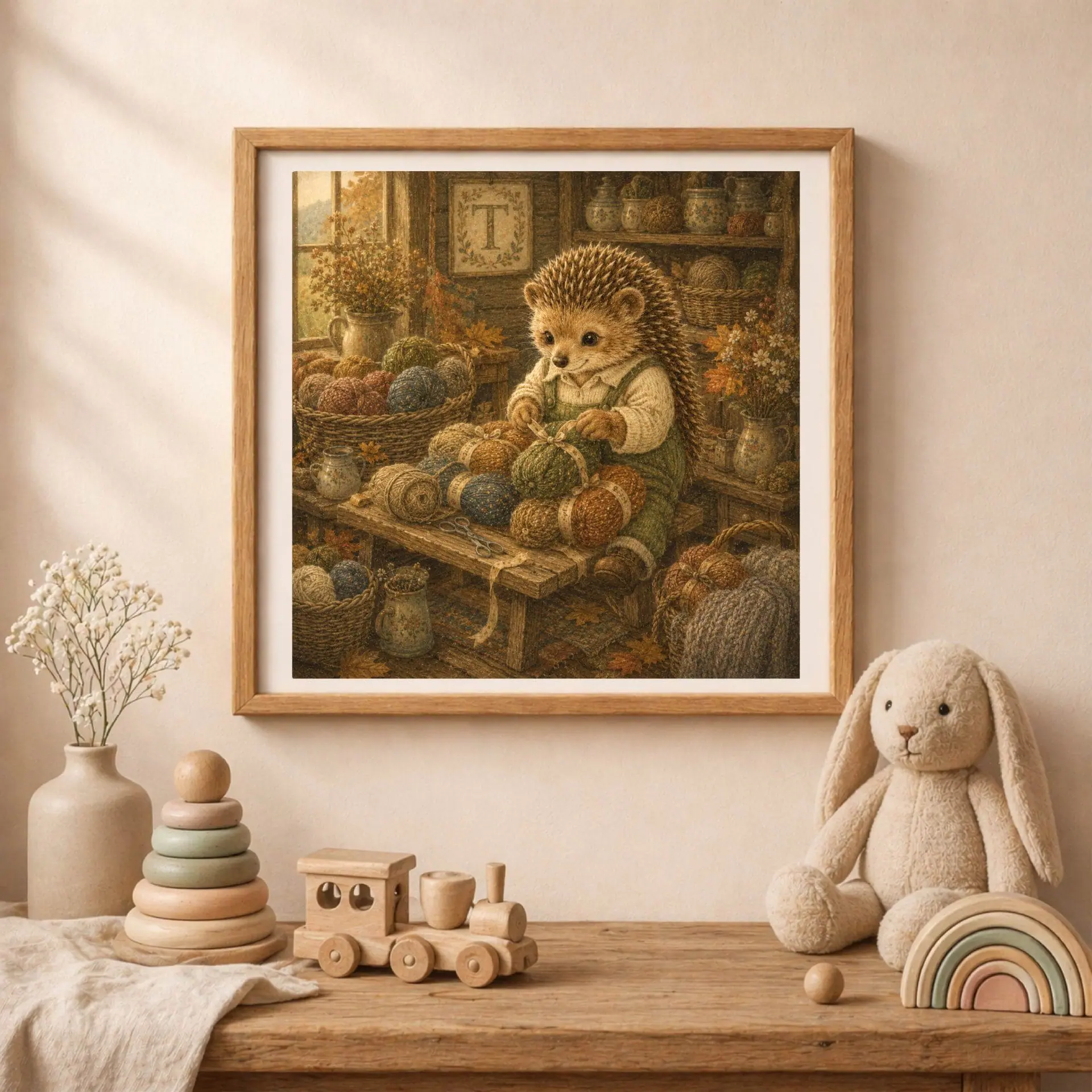 Nursery Monogram T Printable Art Hedgehog Baby Shower Gift Decor 2 A square wooden frame with hedgehog monogram art mounted on a beige wall above a wooden table with a train toy, stacker, and plush bunny.