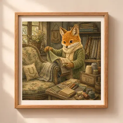 Vintage storybook style square illustration of a fox in a green cardigan inspecting upholstery wool swatches beside a floral armchair with letter U.