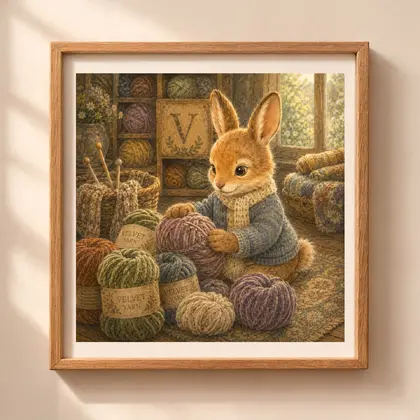 Vintage storybook style square illustration of a bunny in a blue cardigan touching velvet yarn with letter V plaque and knitting supplies basket.