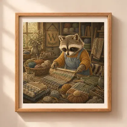 Vintage storybook style square illustration of a raccoon measuring a knitted scarf at a workbench with letter W banner and yarn supplies.