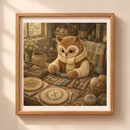 Vintage storybook style square illustration of an owl in spectacles arranging cross-stitch thread skeins at a wooden table near letter X embroidery hoop.