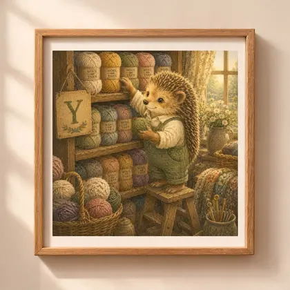 Vintage storybook style square illustration of a hedgehog on a stool organizing wool yarn skeins on wooden shelves with a letter Y sign.