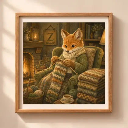 Vintage storybook style square illustration of a fox knitting a zigzag patterned scarf in an armchair by a fireplace with a letter Z sign.