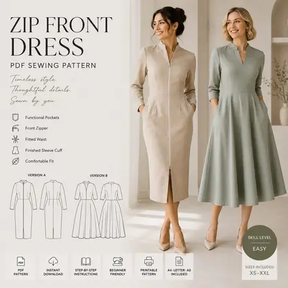 Women's Zip Front & Fit-and-Flare Dress Sewing Pattern PDF